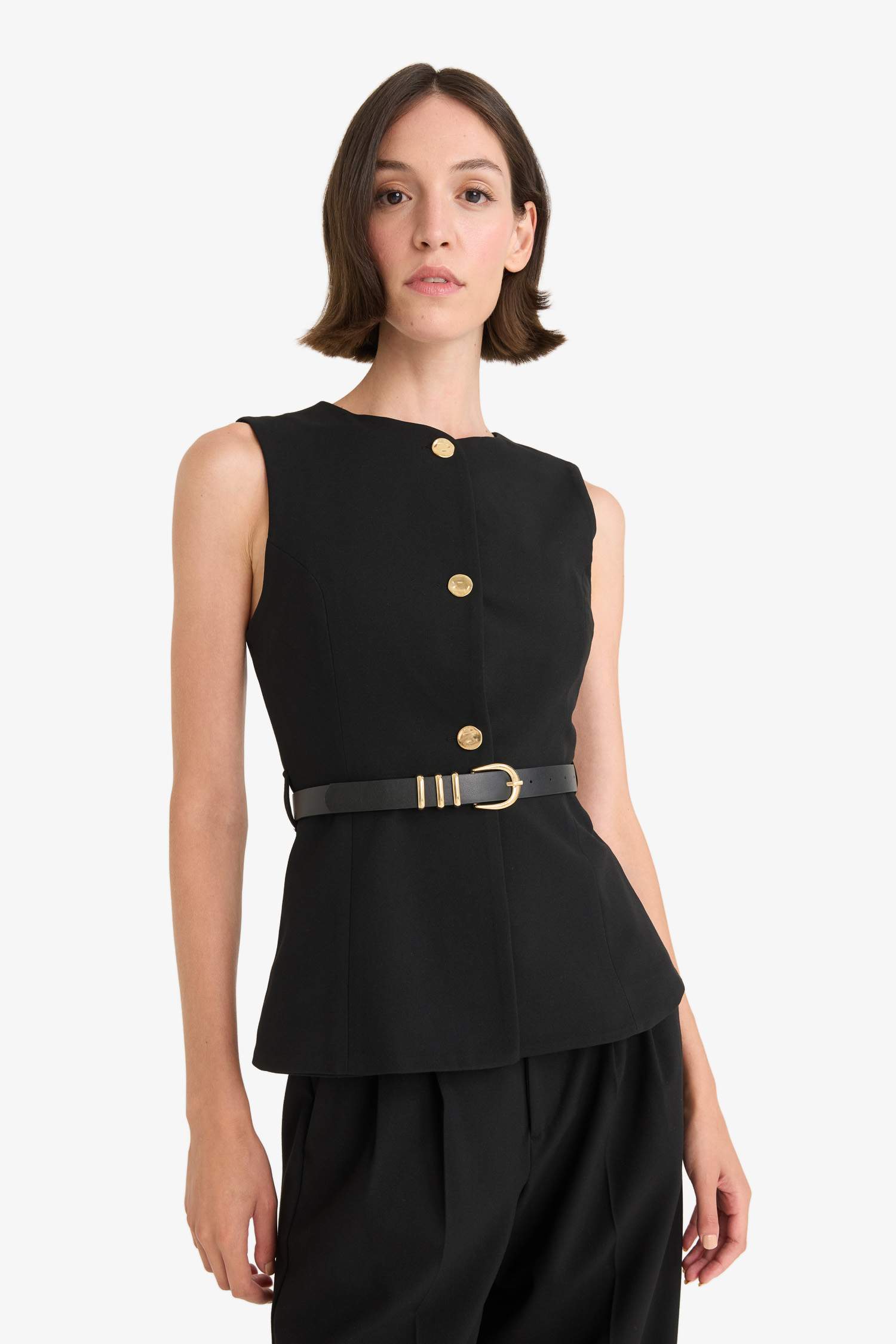 Fitted Bisiklet Yaka Kemer Detaylı Yelek