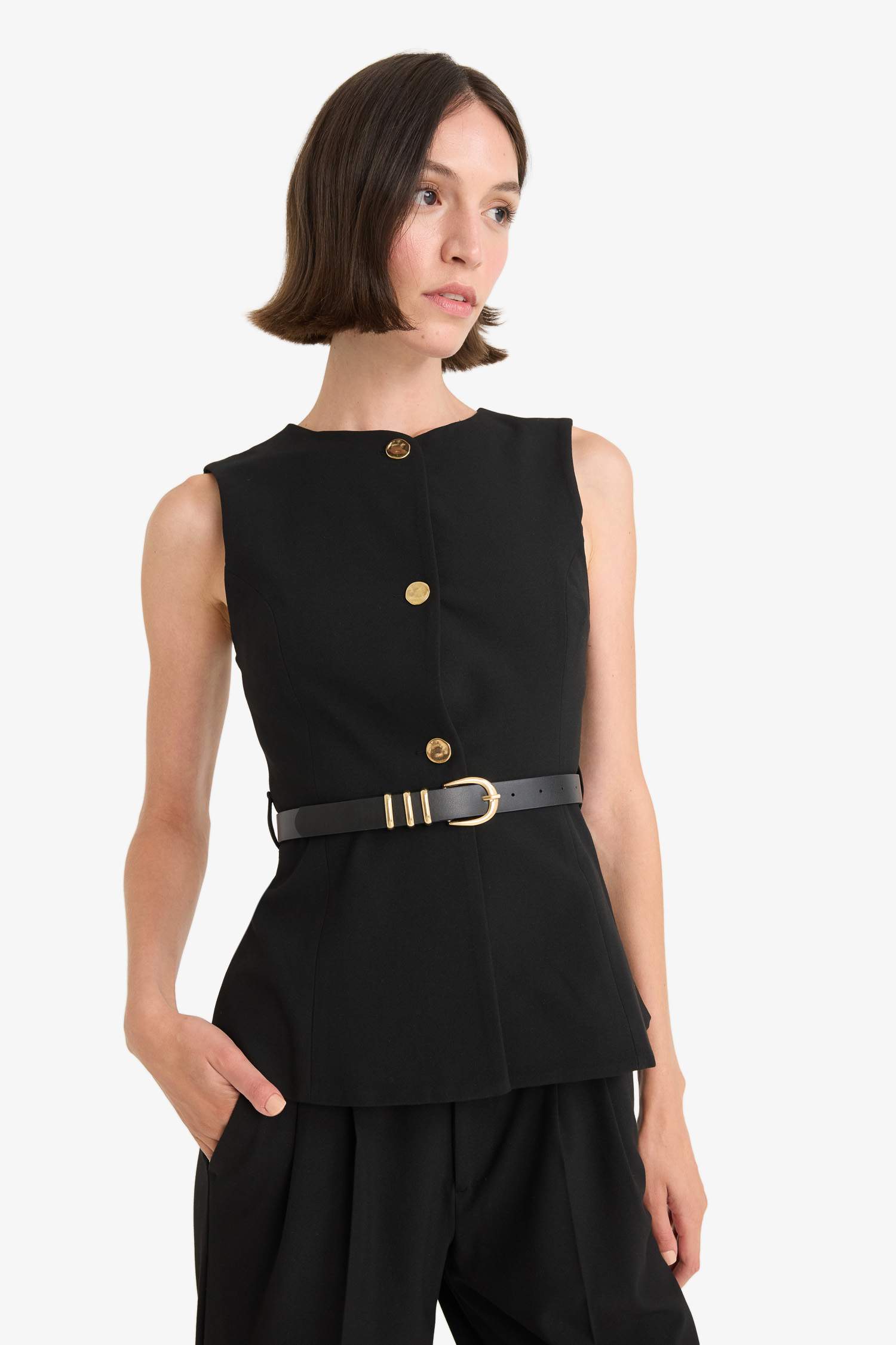 Fitted Bisiklet Yaka Kemer Detaylı Yelek