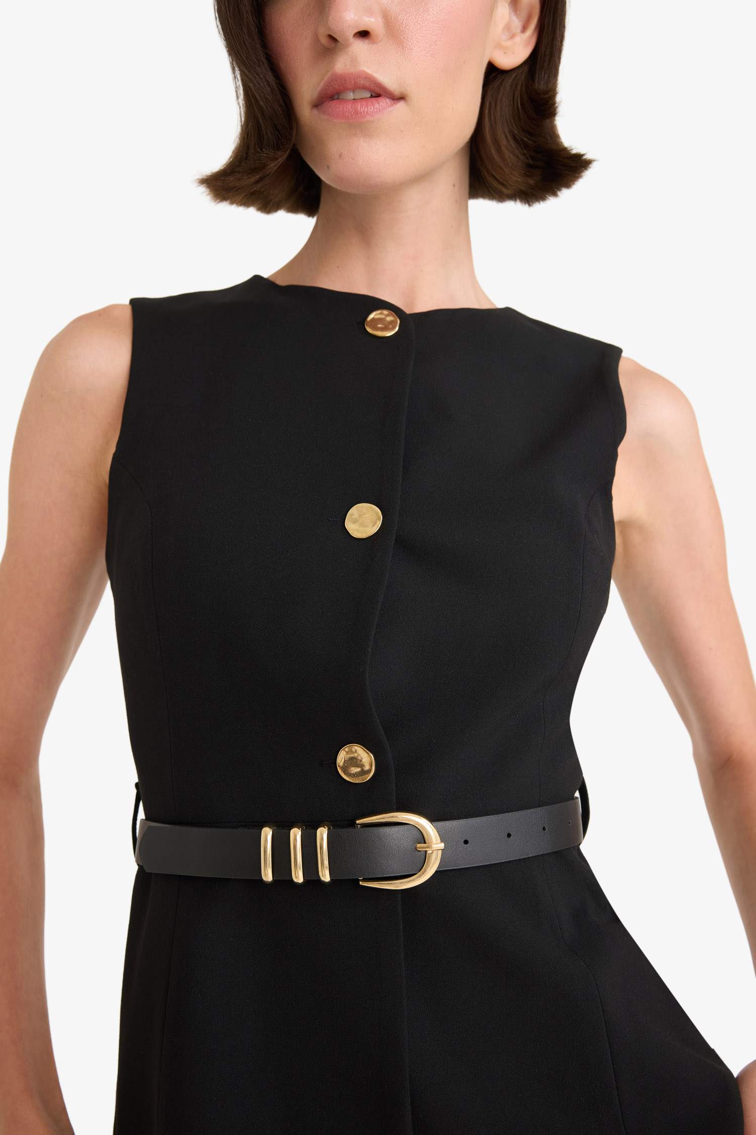 Fitted Bisiklet Yaka Kemer Detaylı Yelek