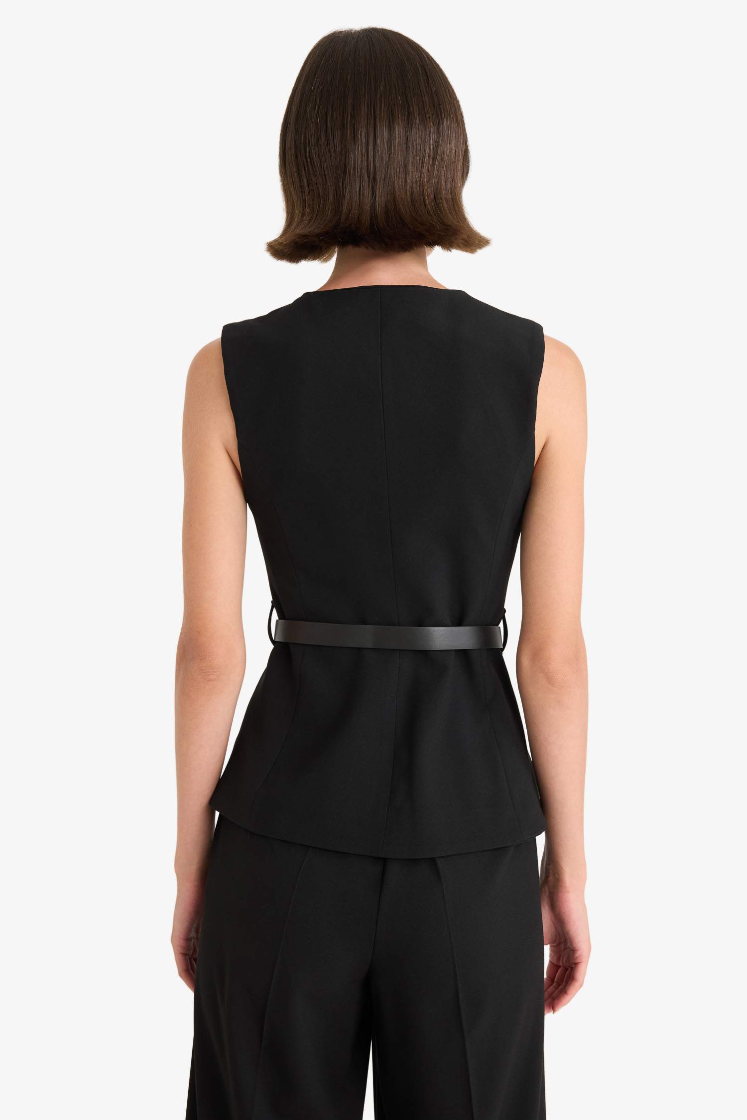 Fitted Bisiklet Yaka Kemer Detaylı Yelek