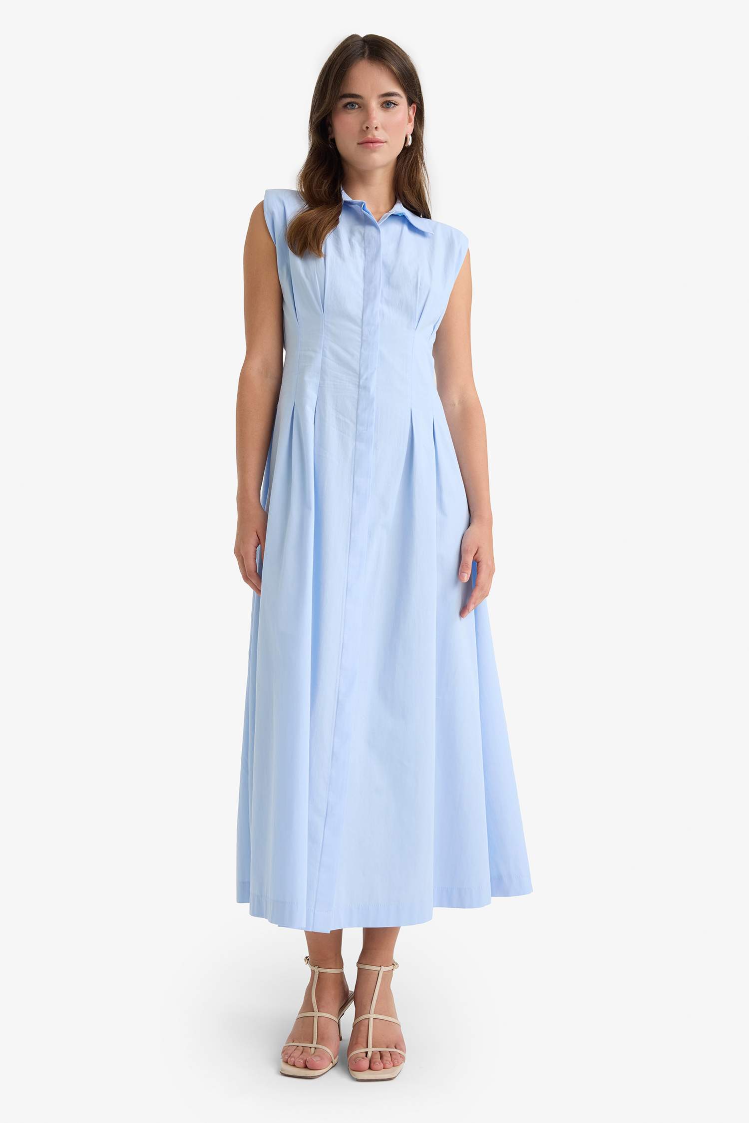 Flare Fit Poplin Kolsuz Midi Elbise