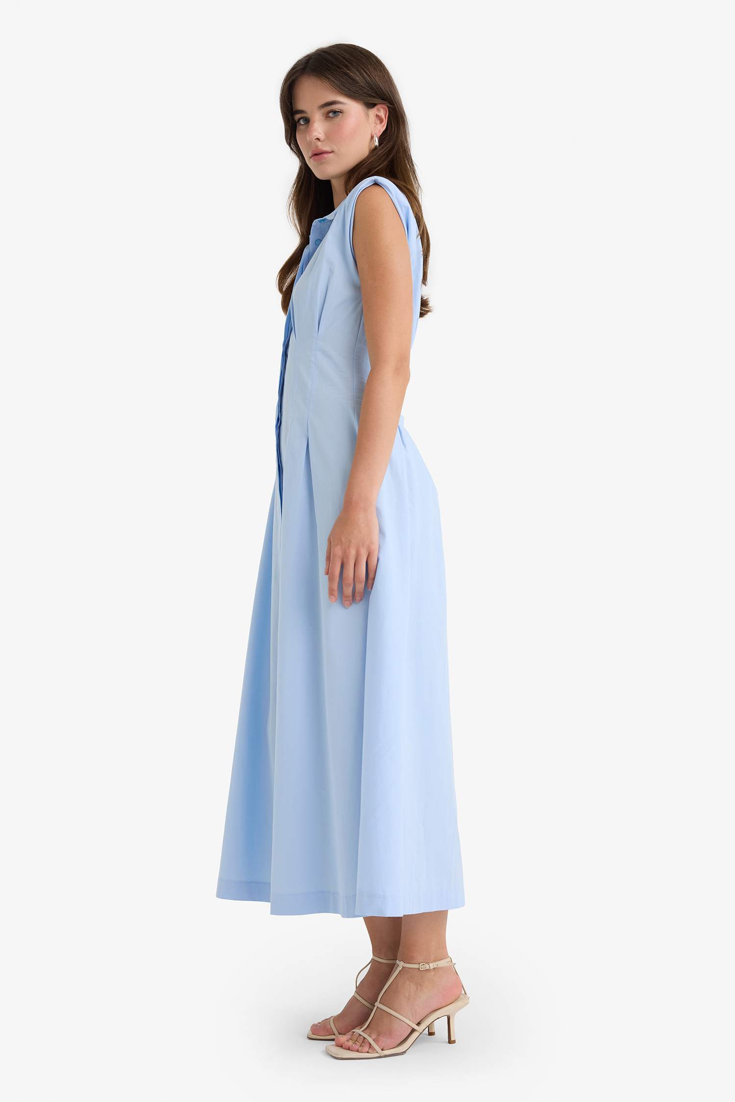 Flare Fit Poplin Kolsuz Midi Elbise