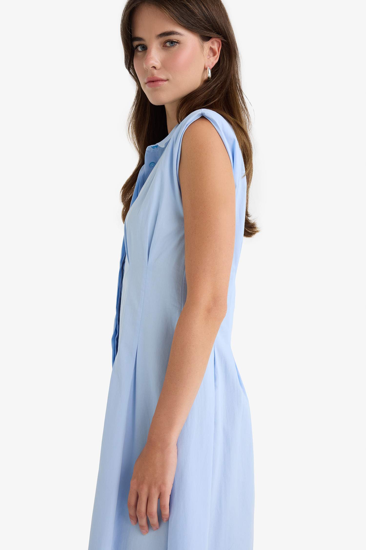 Flare Fit Poplin Kolsuz Midi Elbise