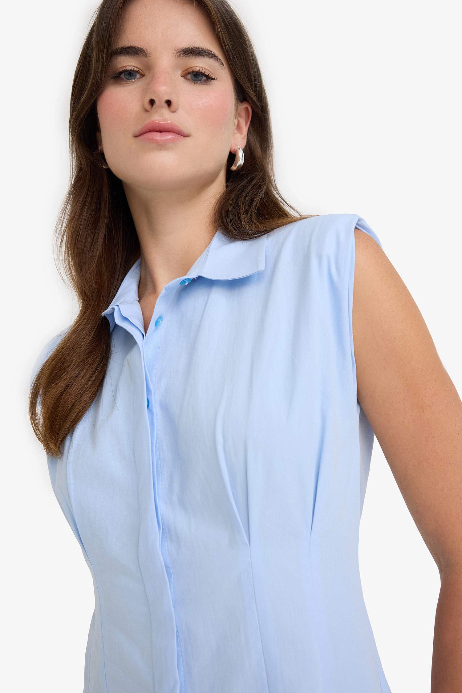 Flare Fit Poplin Kolsuz Midi Elbise