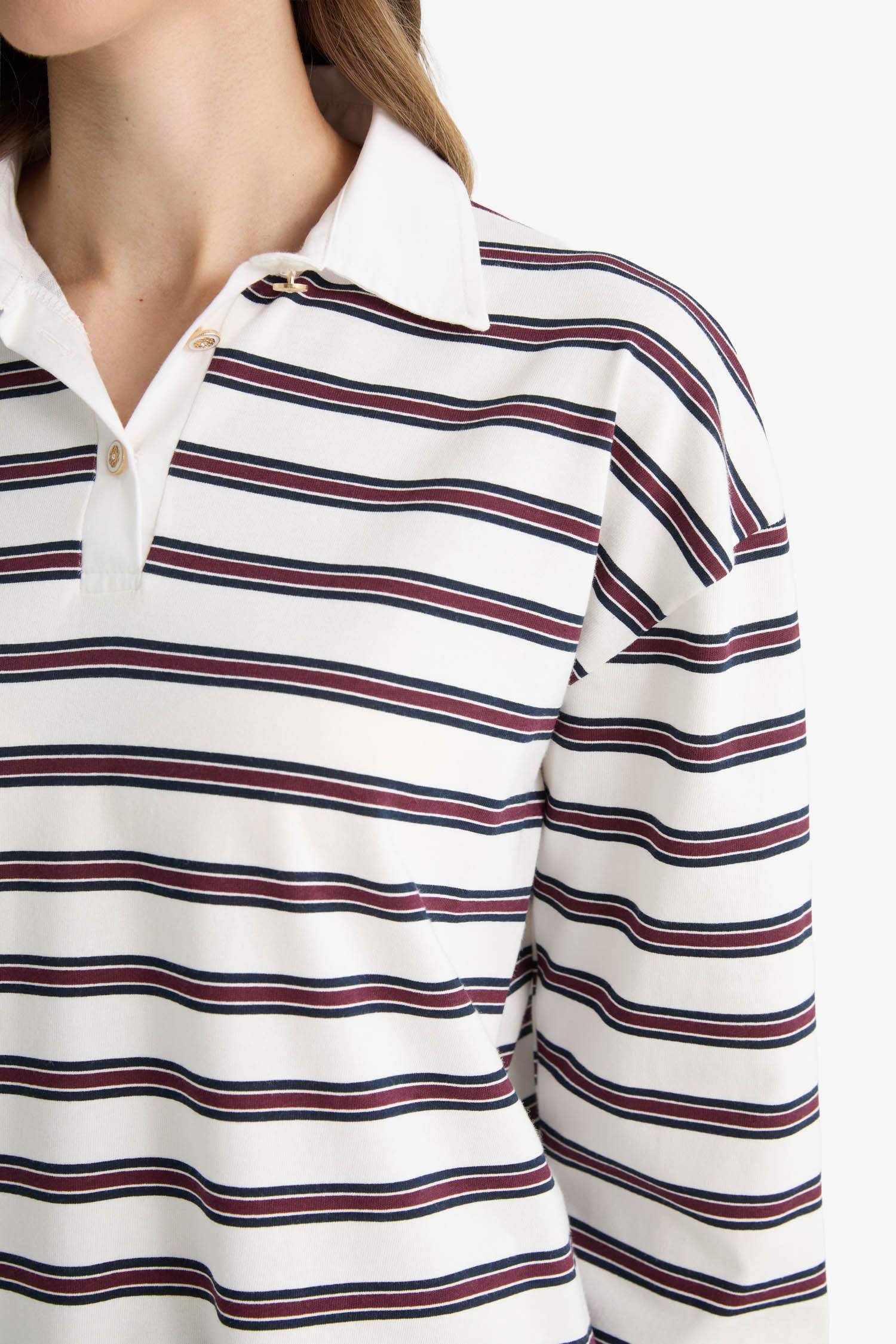 Regular Fit Polo Yaka Çizgili Uzun Kollu Tunik