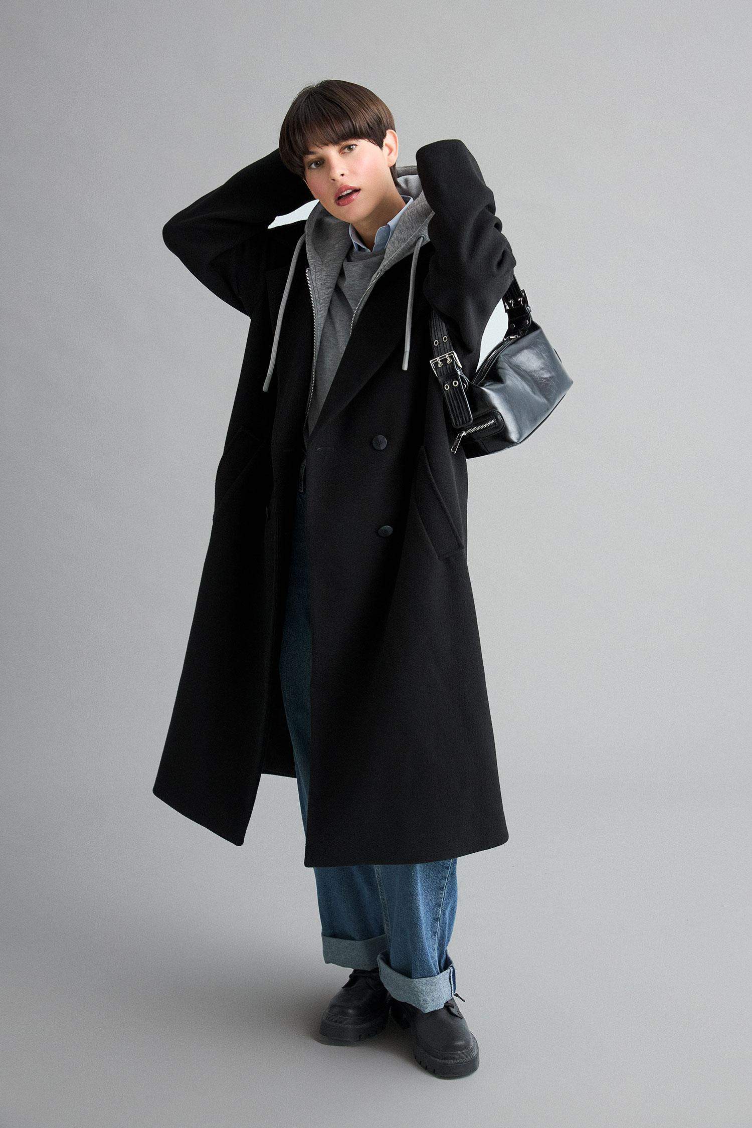 Regular Fit Çıkarılabilir Kapüşonlu Uzun Kaşe Kaban