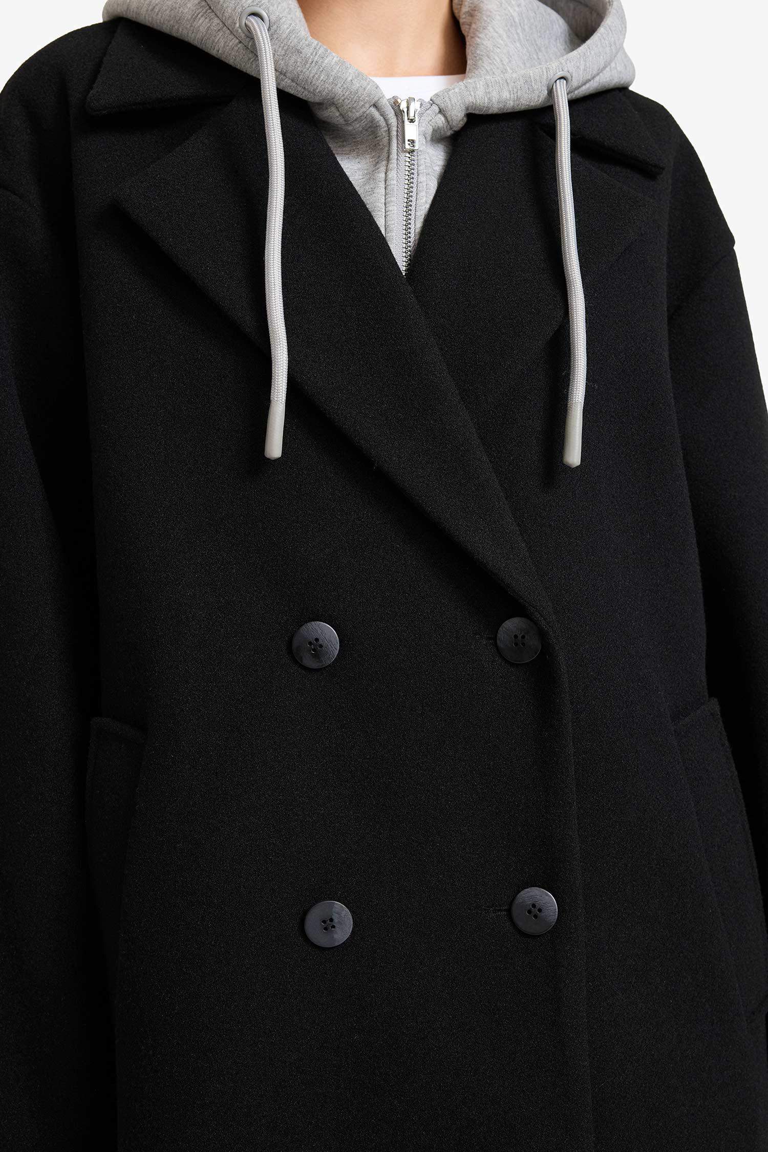 Regular Fit Çıkarılabilir Kapüşonlu Uzun Kaşe Kaban