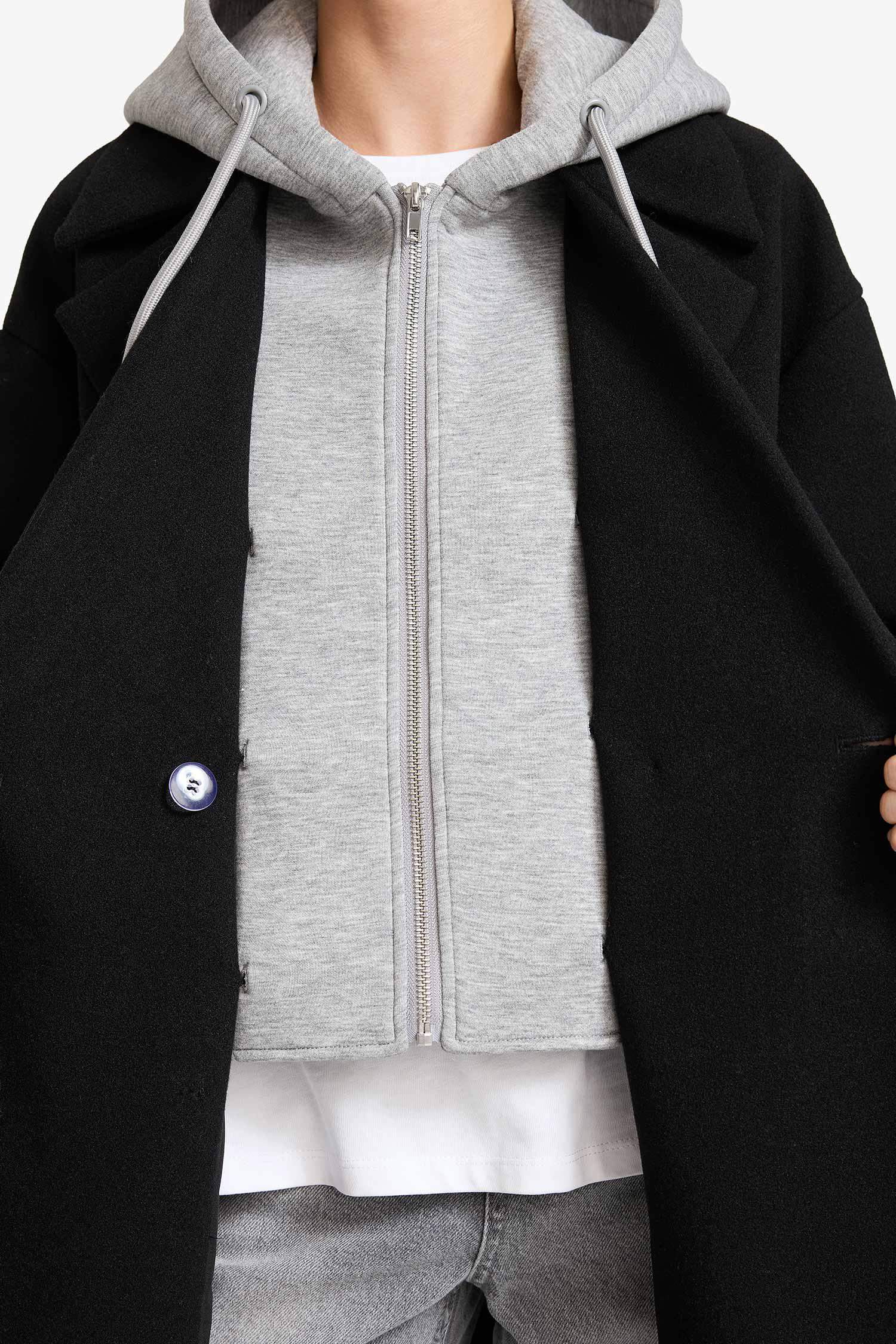 Regular Fit Çıkarılabilir Kapüşonlu Uzun Kaşe Kaban