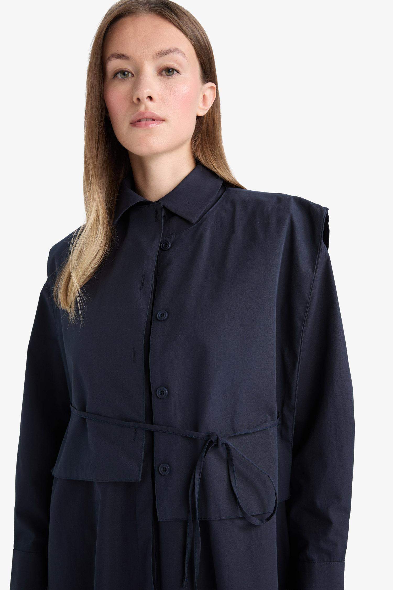 فستان كم طويل بوبلين بكتف نازل بياقة بشريط