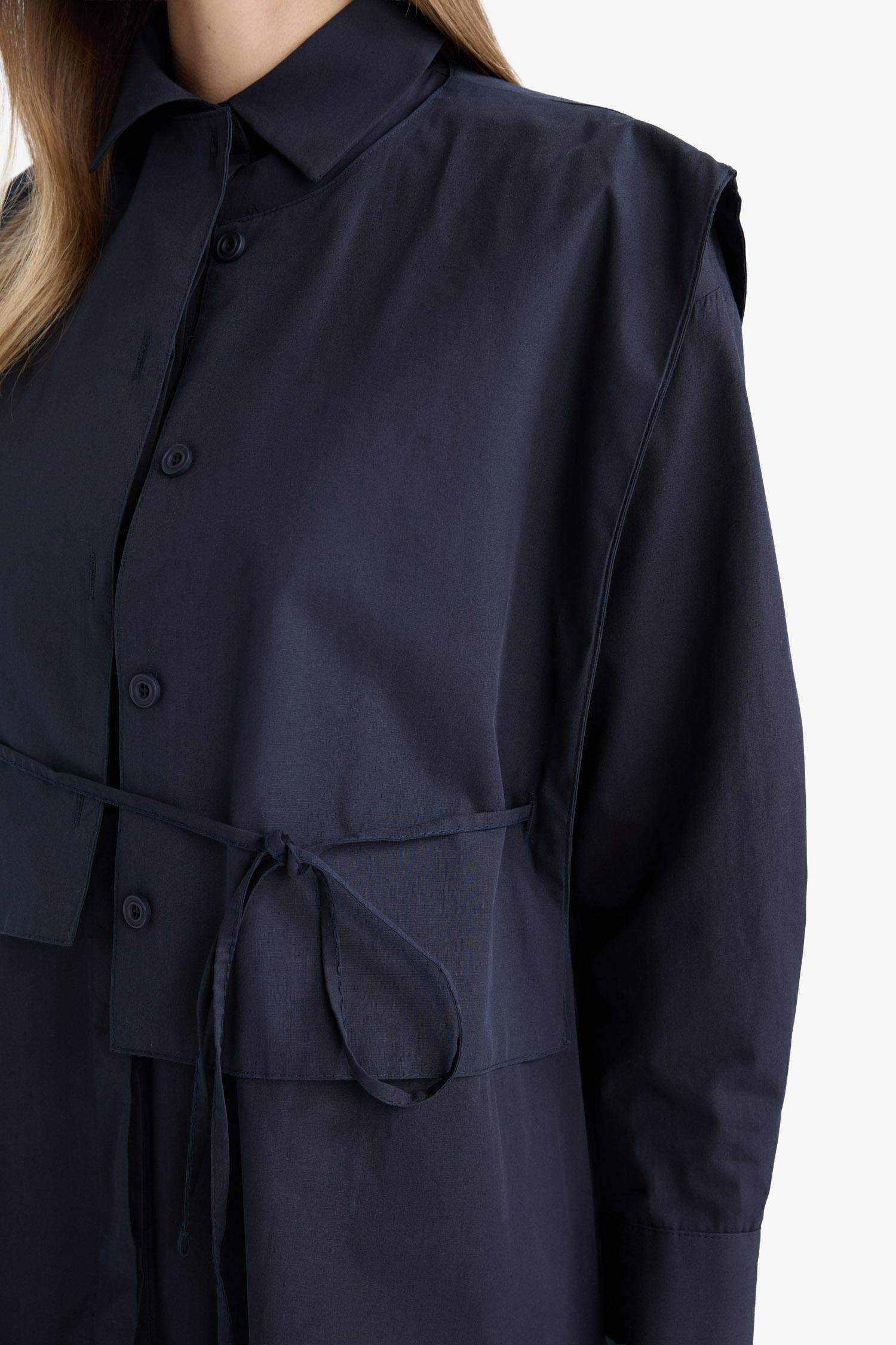 فستان كم طويل بوبلين بكتف نازل بياقة بشريط