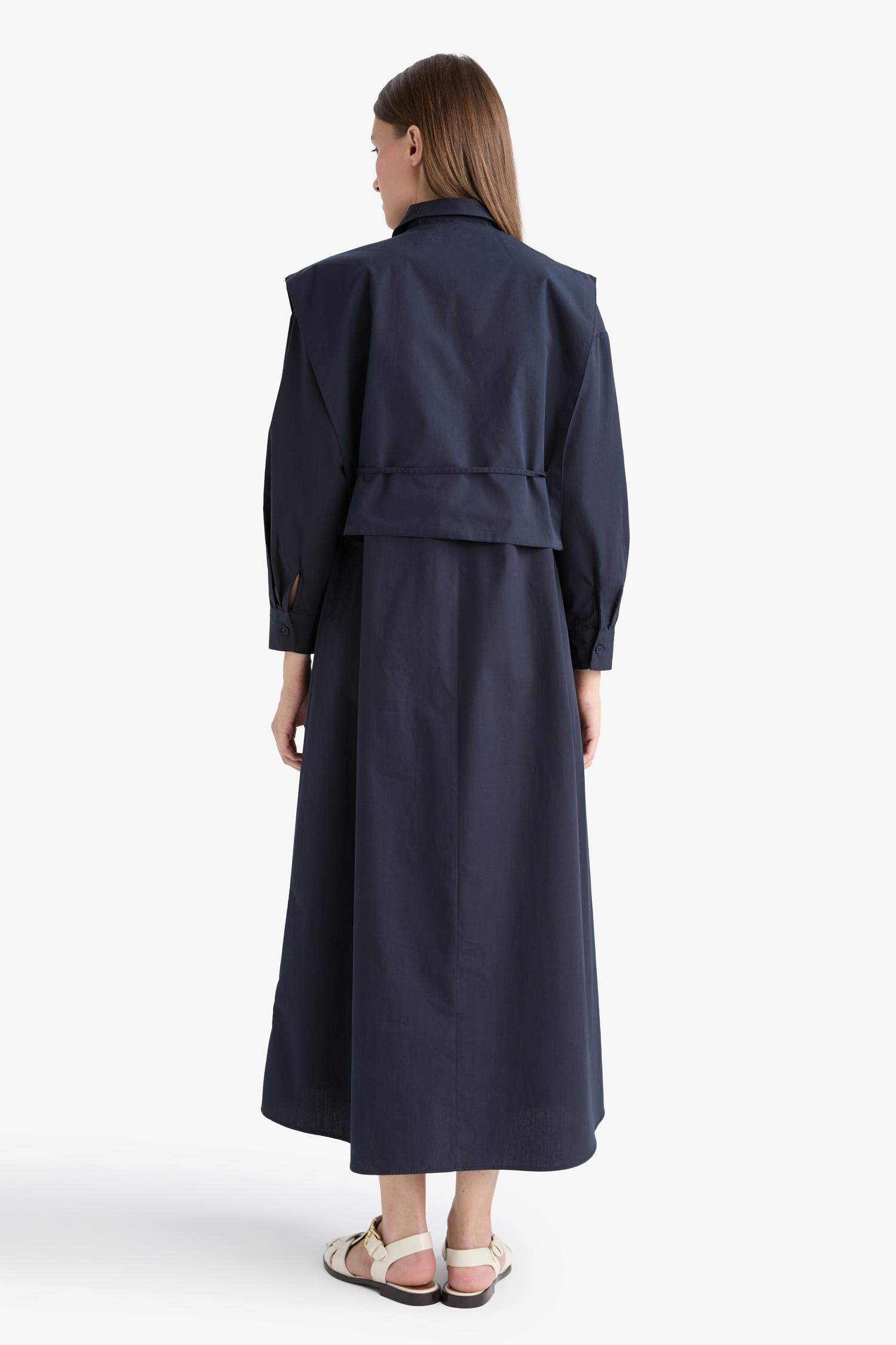 فستان كم طويل بوبلين بكتف نازل بياقة بشريط