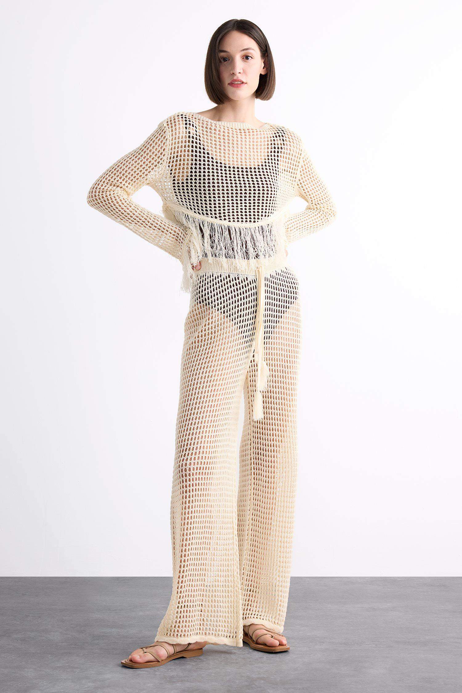 Straight Fit Beli Lastikli Kroşe Plaj Pantolonu