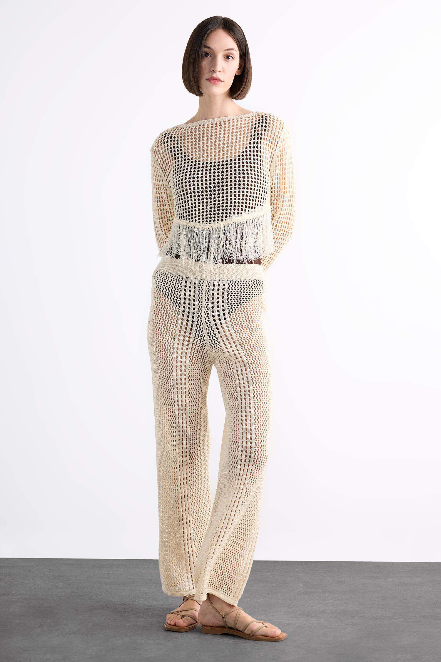 Straight Fit Beli Lastikli Kroşe Plaj Pantolonu