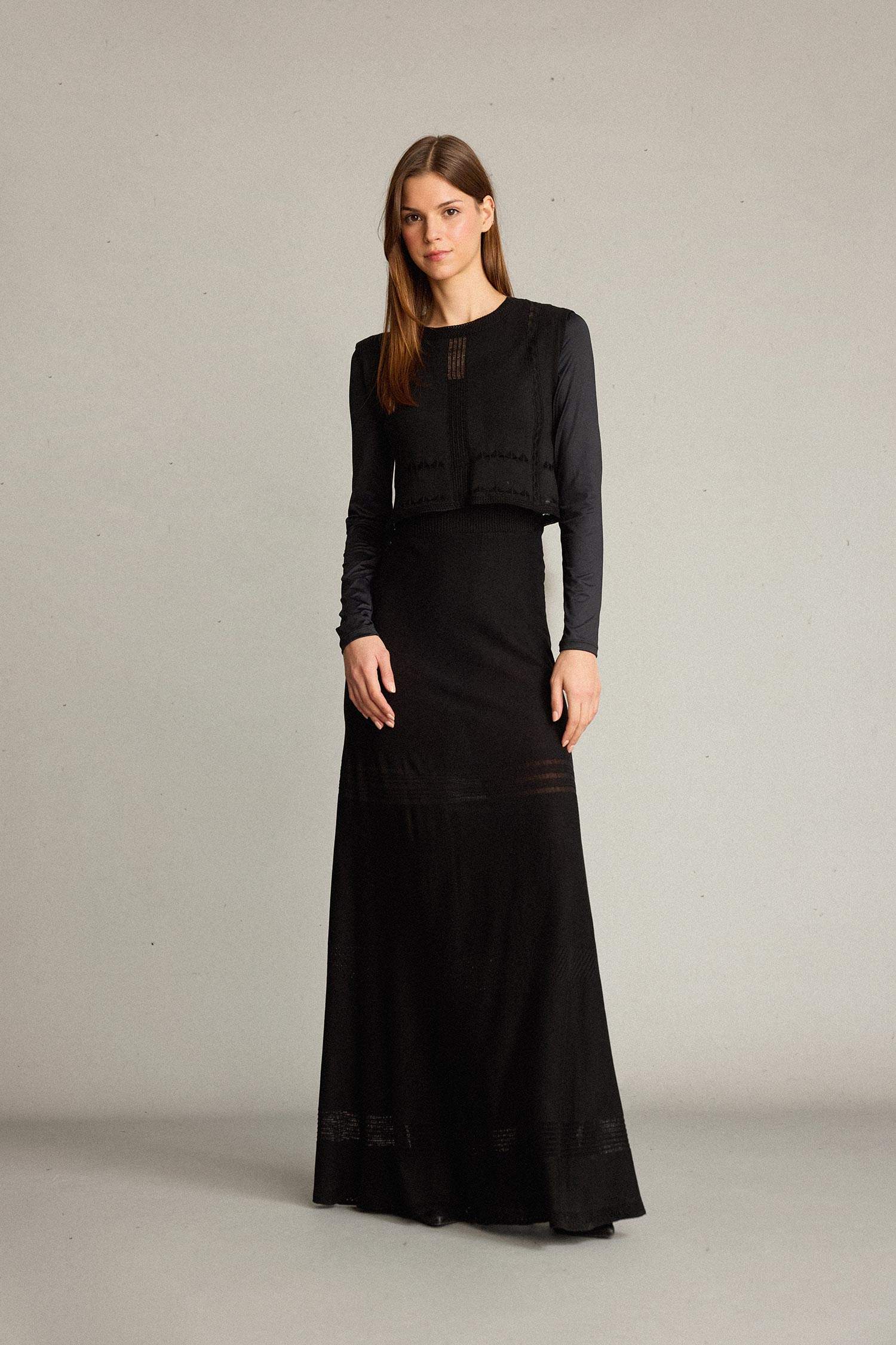 2'li Kroşe Triko Takım Bisiklet Yaka Kolsuz Bluz Beli Lastikli Maxi Etek