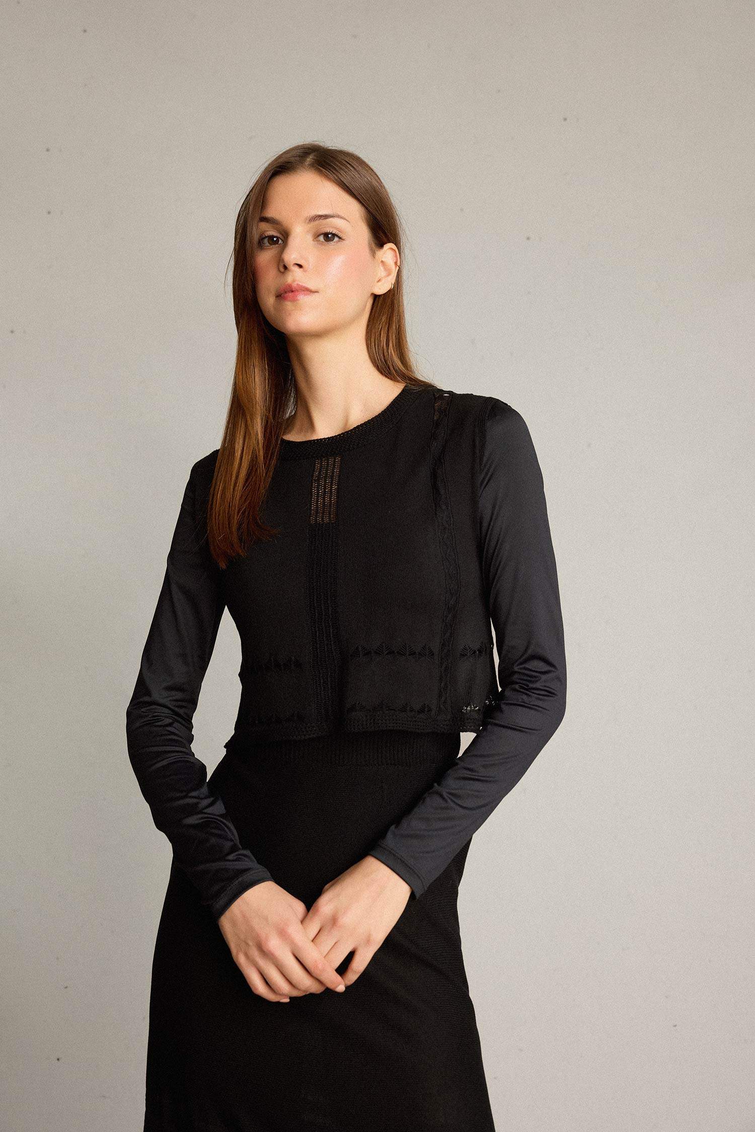 2'li Kroşe Triko Takım Bisiklet Yaka Kolsuz Bluz Beli Lastikli Maxi Etek