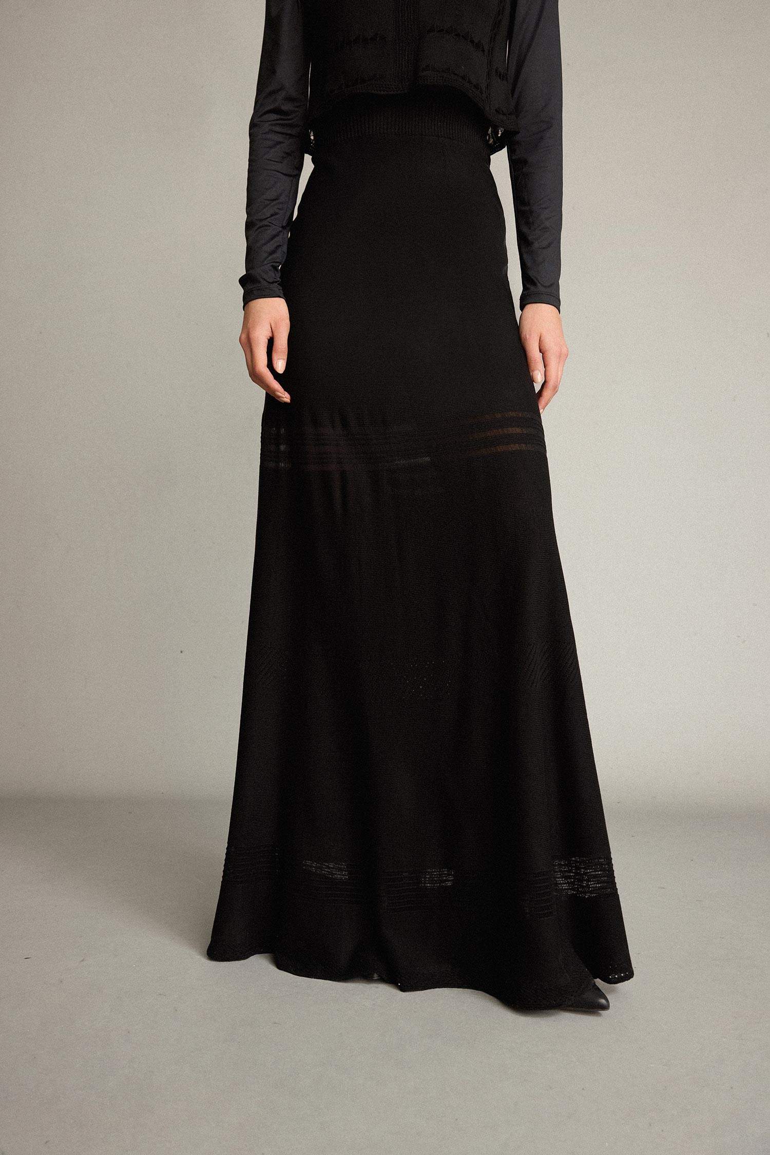 2'li Kroşe Triko Takım Bisiklet Yaka Kolsuz Bluz Beli Lastikli Maxi Etek