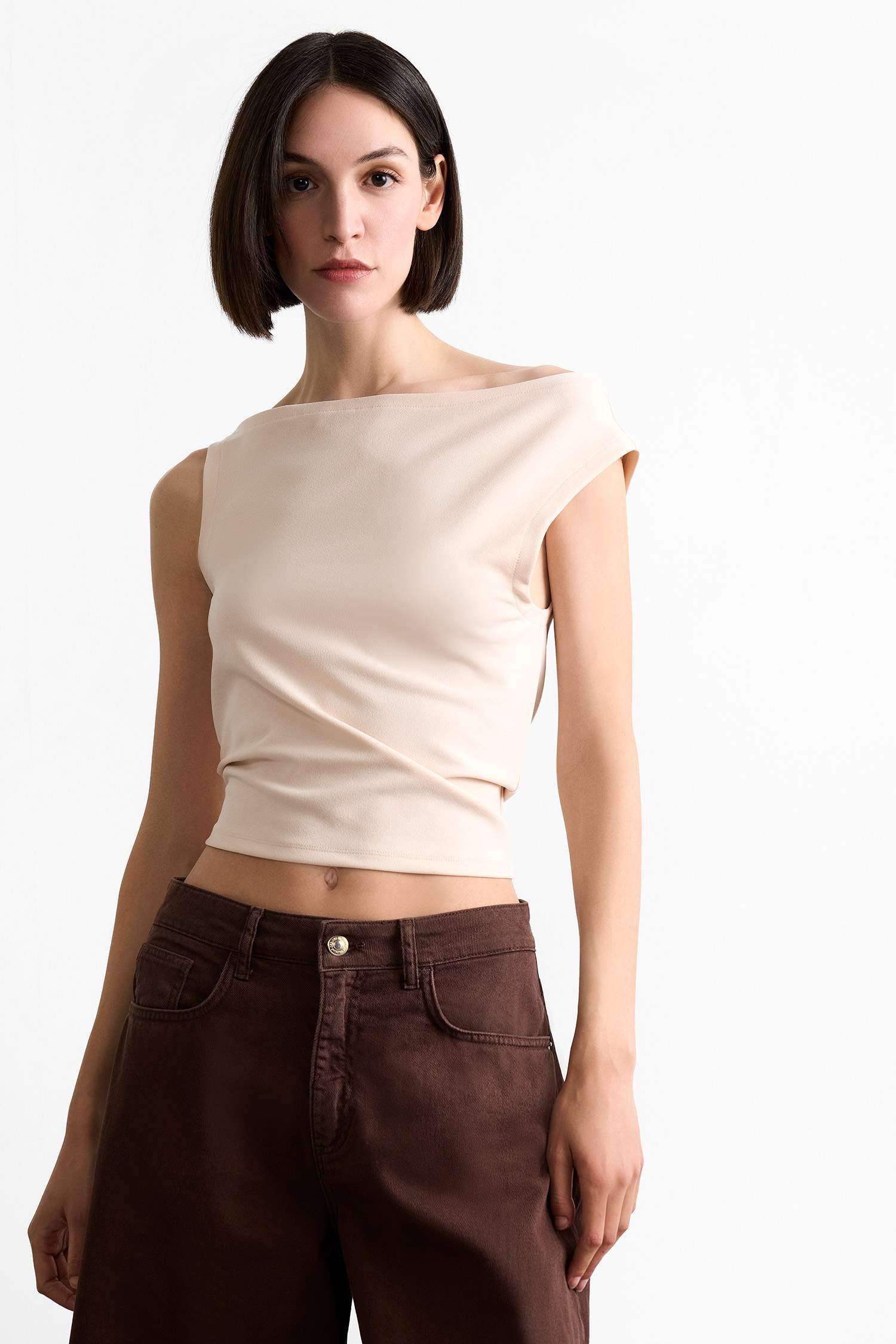 Kayık Yaka Crop Basic Düz Kolsuz Bluz