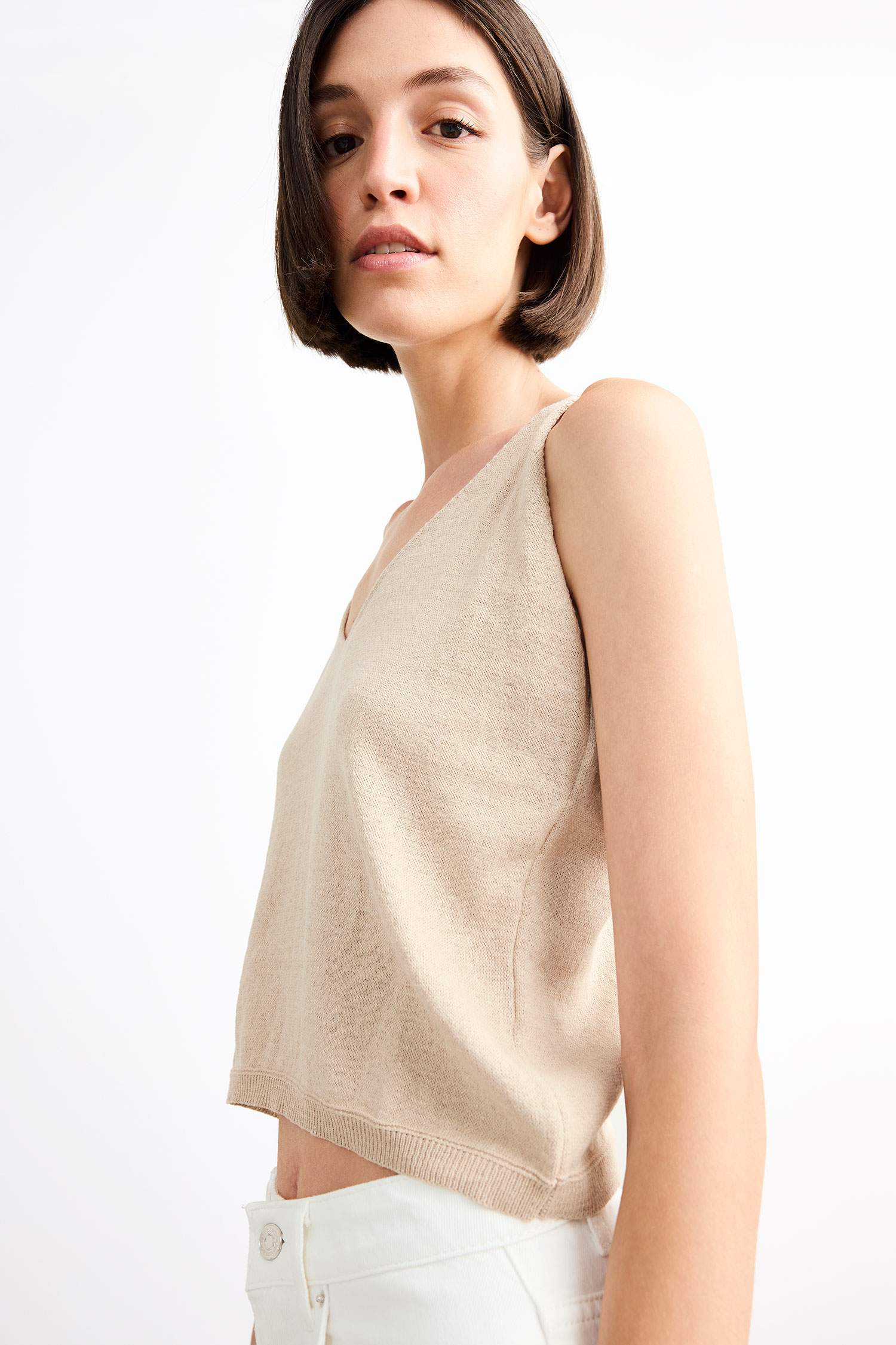 V Yaka Crop Askılı Triko Atlet