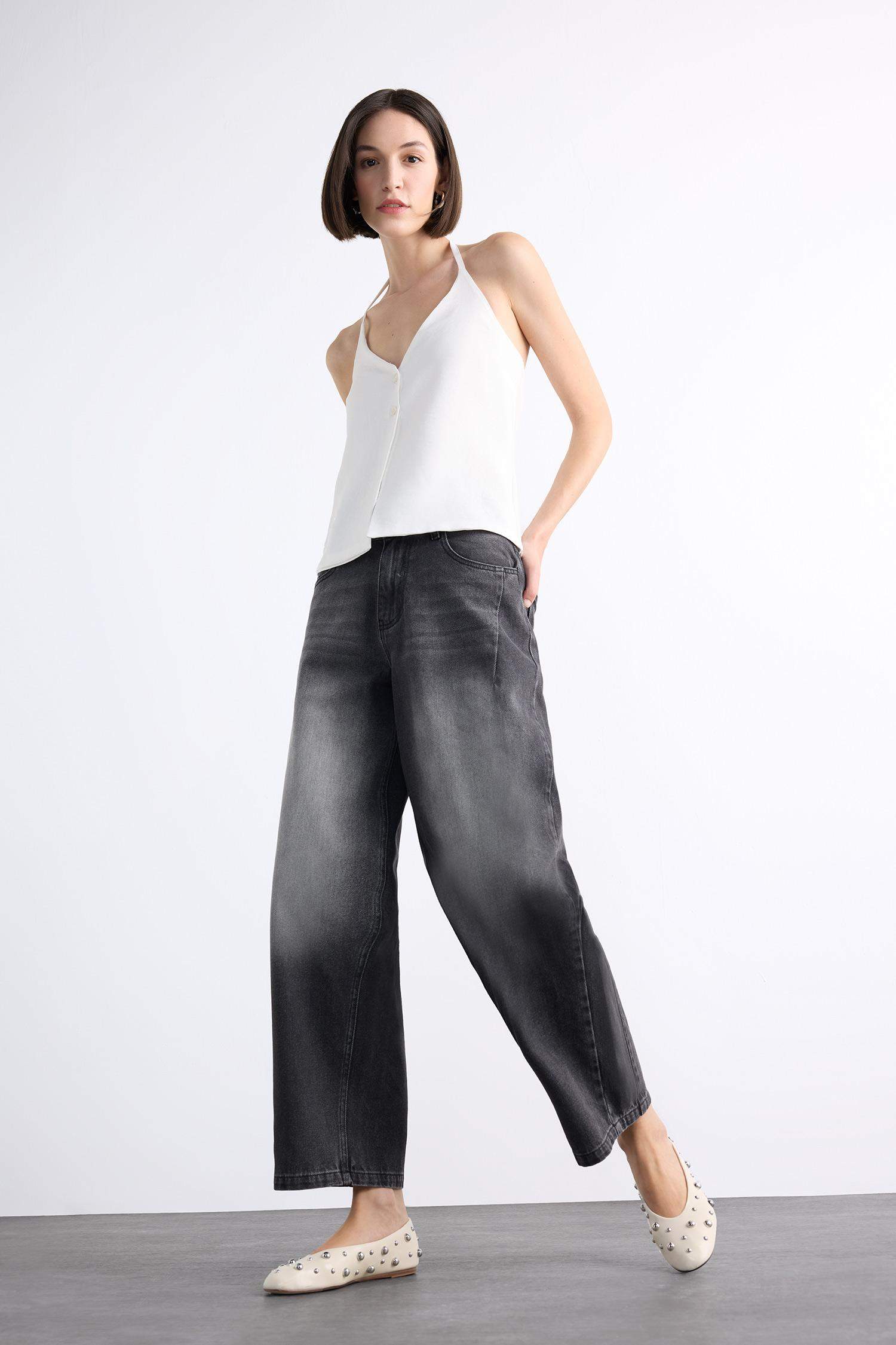 Wide Baggy Fit Yıkamalı Jean Pantolon