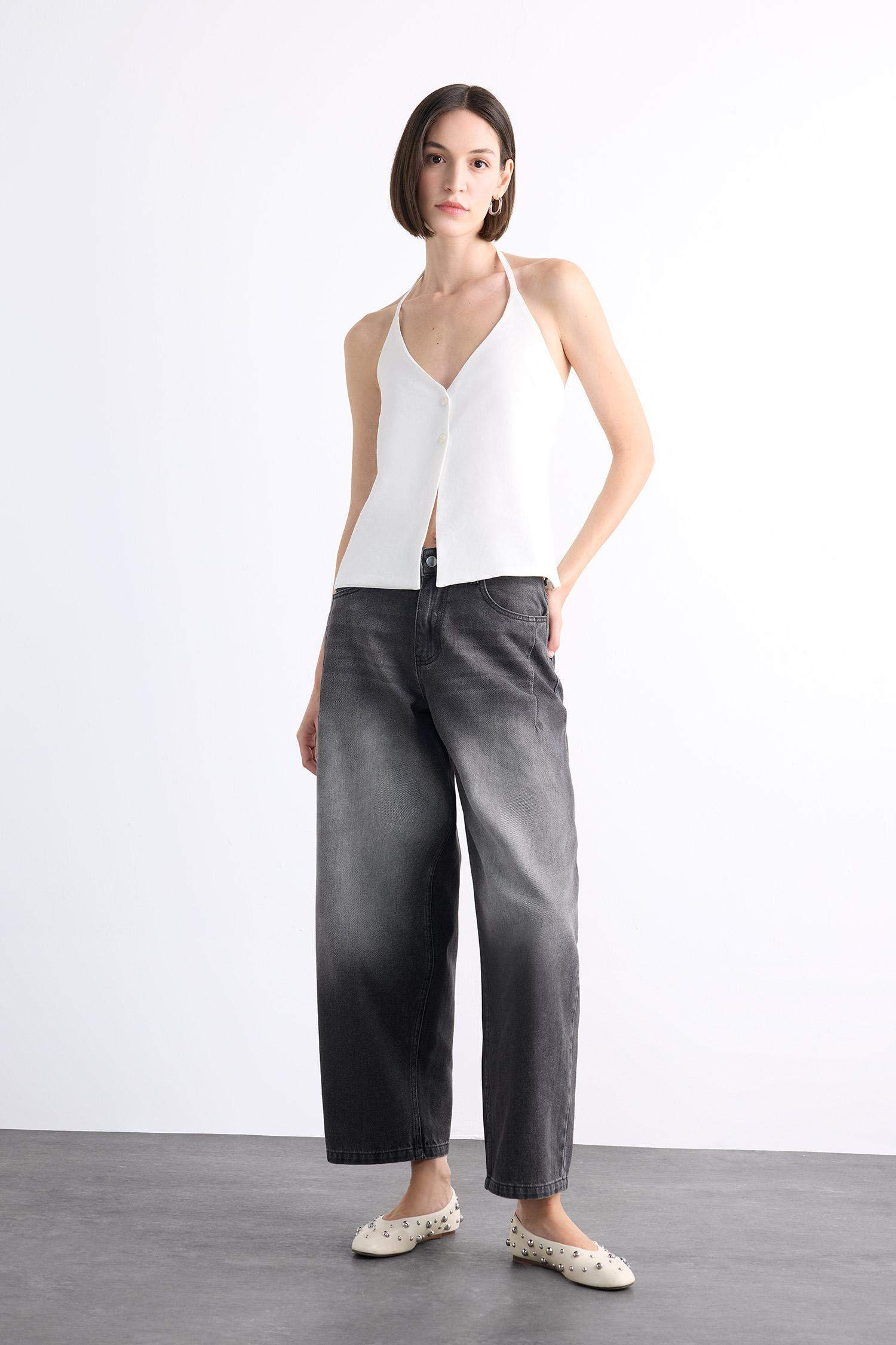 Wide Baggy Fit Yıkamalı Jean Pantolon