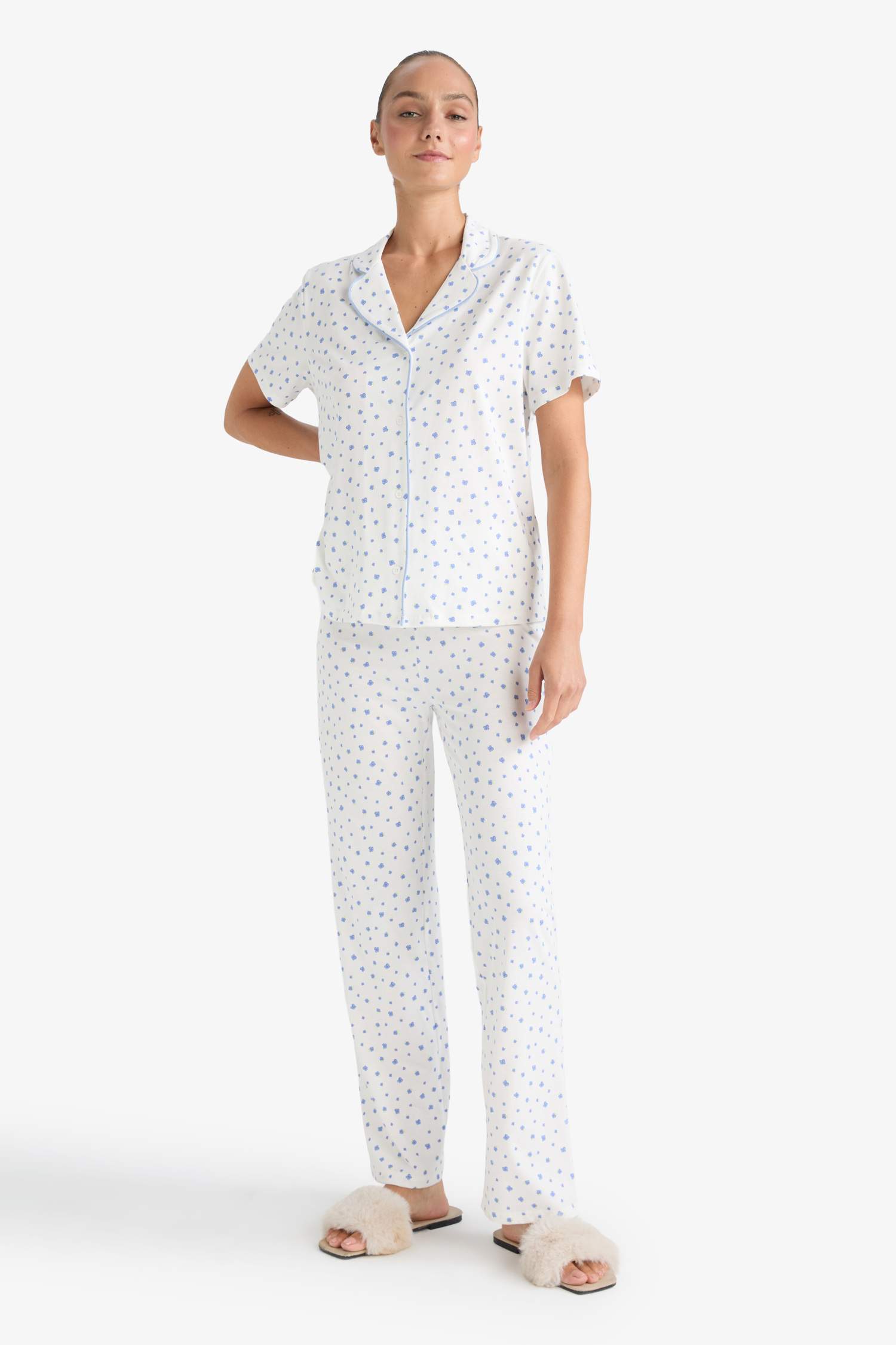 Pijama Takımı Regular Fit Desenli Kısa Kollu Üst Uzun Alt