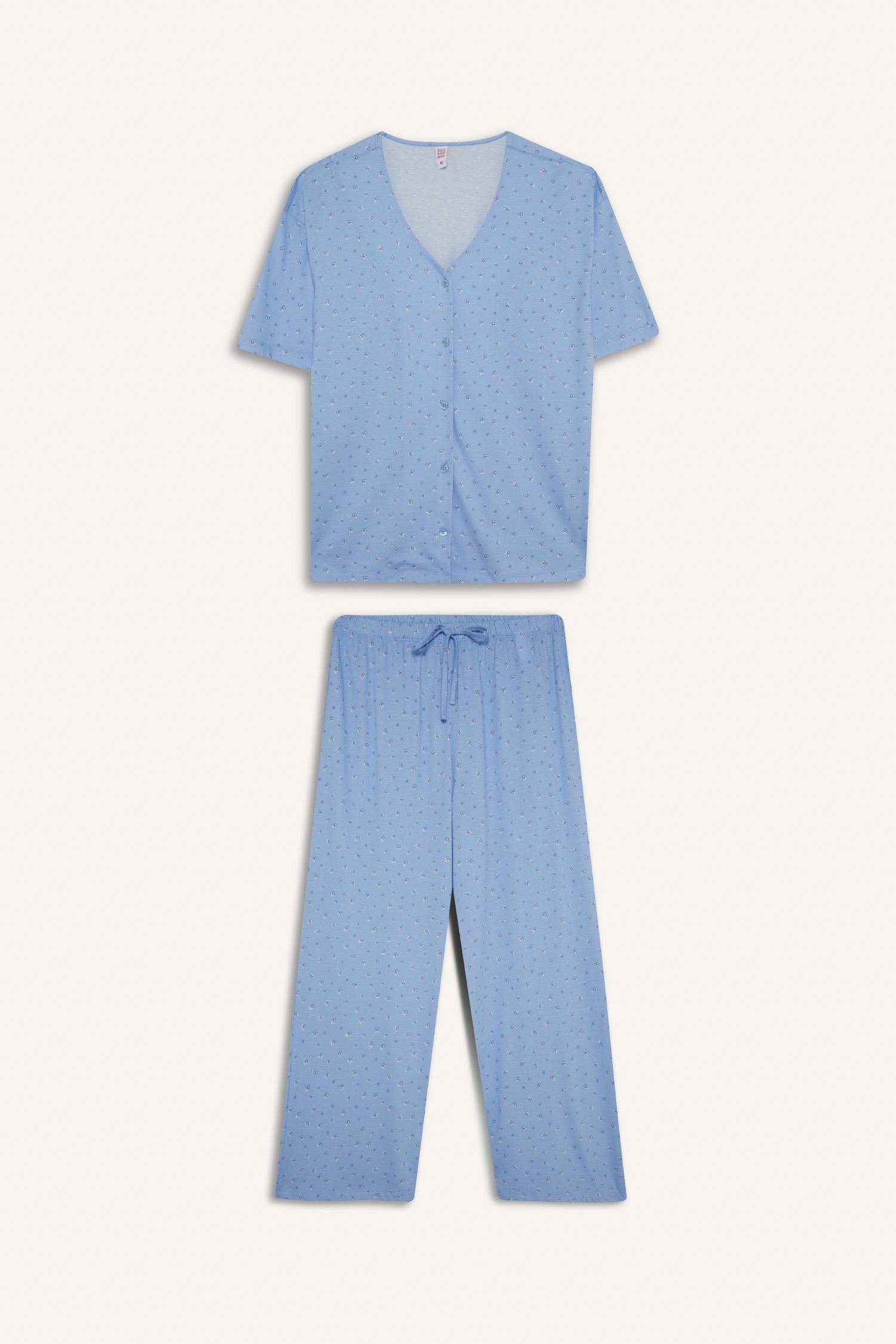 Pijama Takımı Regular Fit V Yaka Düğmeli Kısa Kollu Üst Uzun Alt-Fall in Love