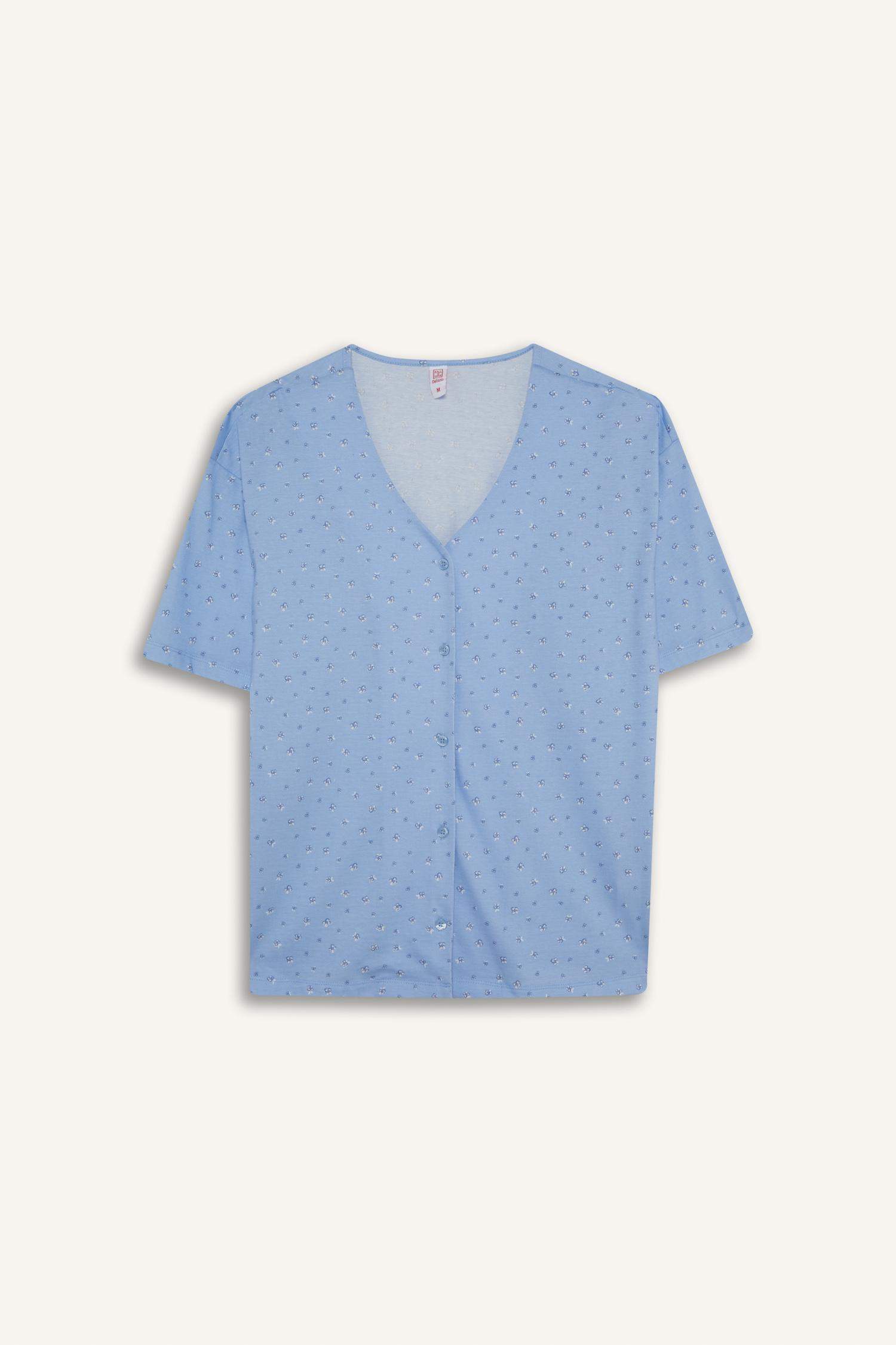 Pijama Takımı Regular Fit V Yaka Düğmeli Kısa Kollu Üst Uzun Alt-Fall in Love