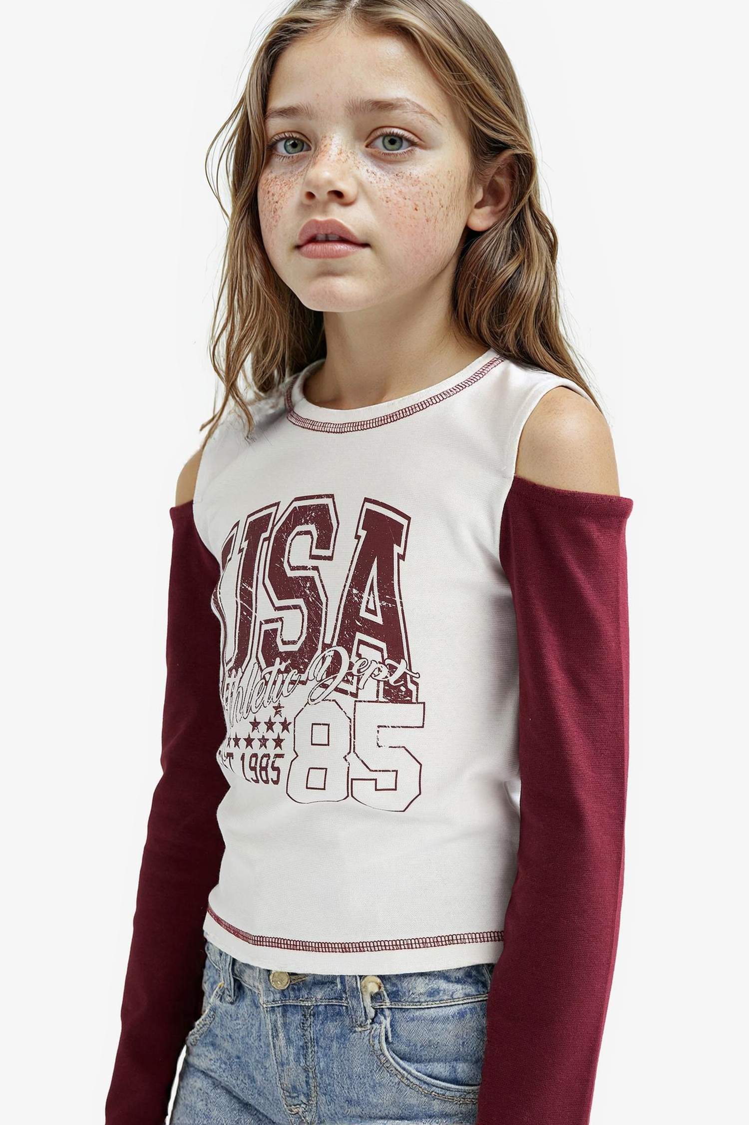 Kız Çocuk Slim Fit Dar Kesim Bisiklet Yaka Baskılı Ribana Uzun Kollu Okul Tişörtü