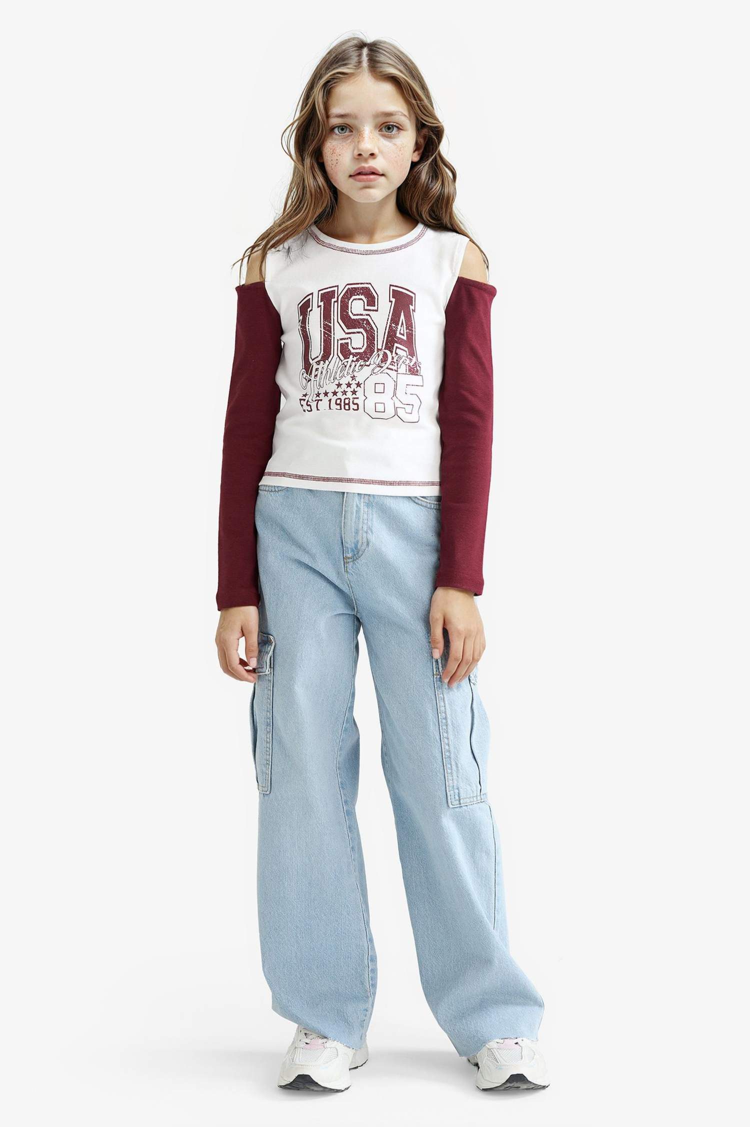 Kız Çocuk Slim Fit Dar Kesim Bisiklet Yaka Baskılı Ribana Uzun Kollu Okul Tişörtü