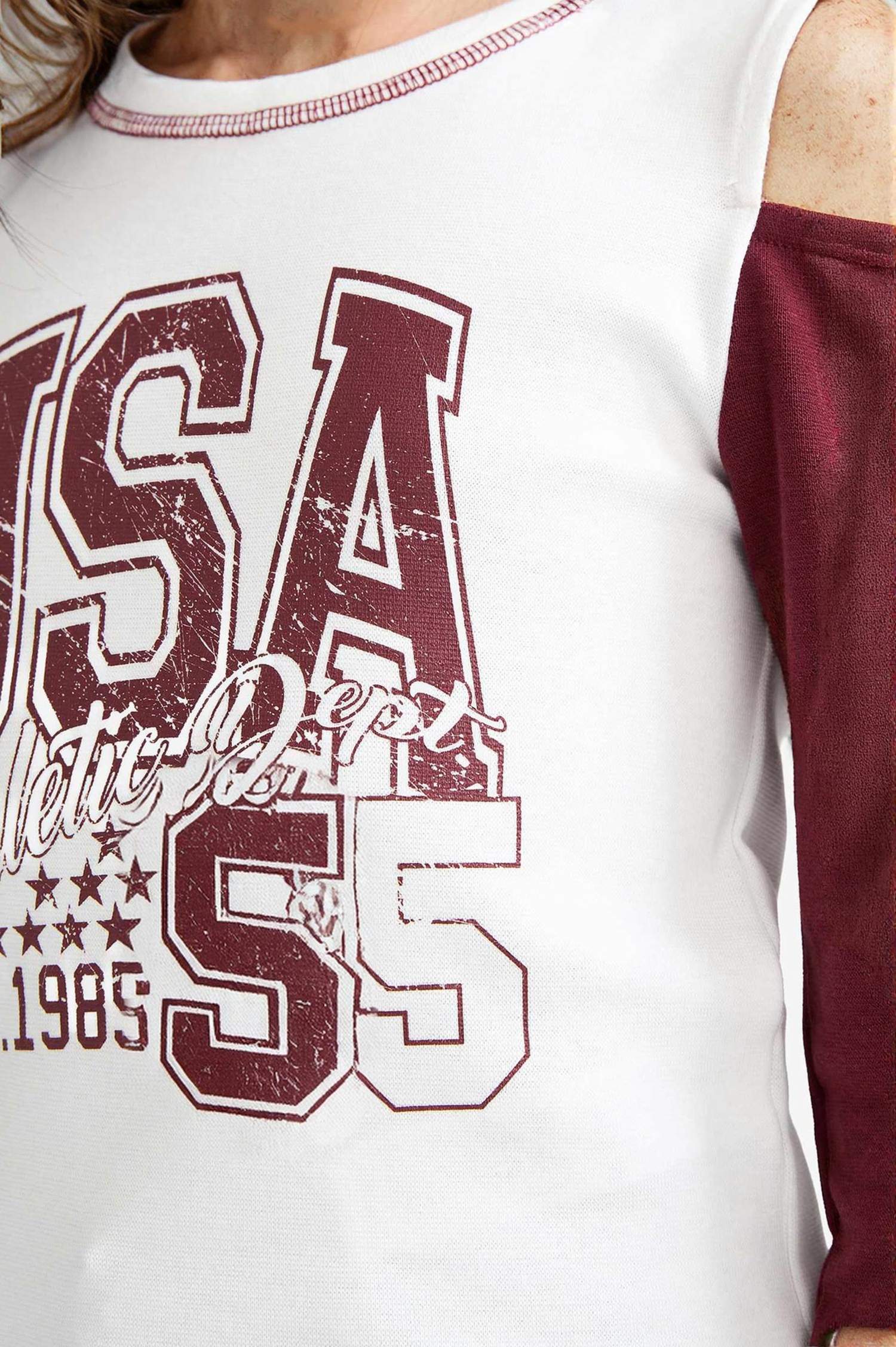 Kız Çocuk Slim Fit Dar Kesim Bisiklet Yaka Baskılı Ribana Uzun Kollu Okul Tişörtü