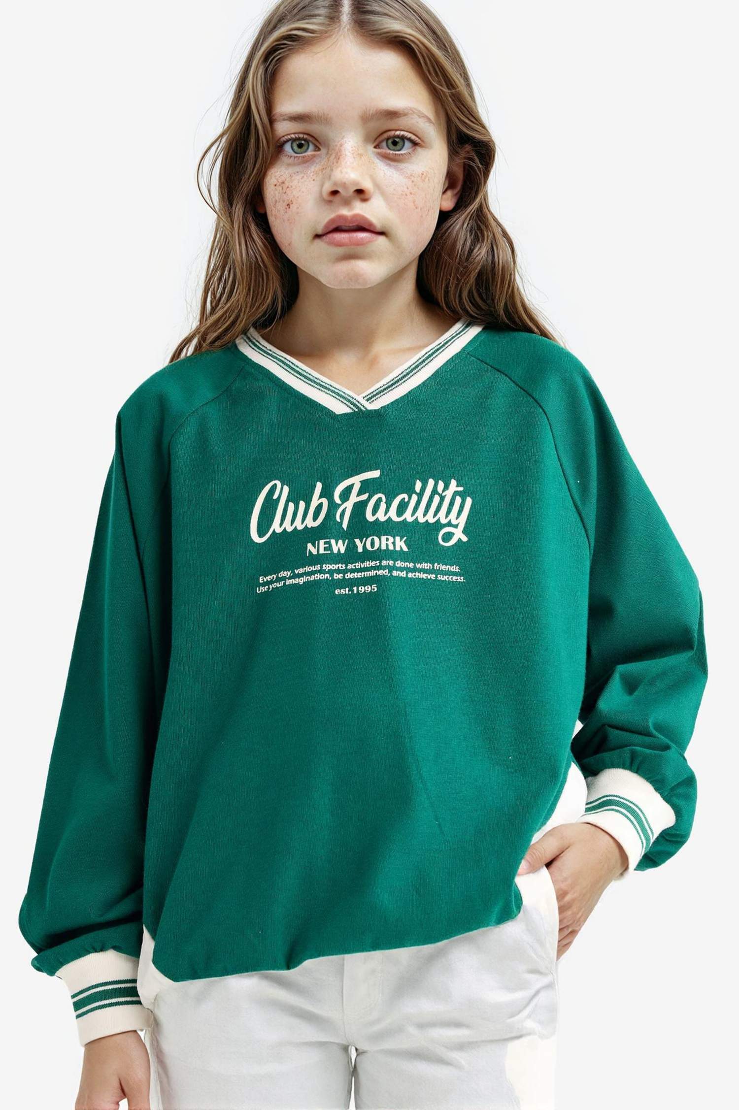 Kız Çocuk Oversize Geniş Kalıp V Yaka Baskılı Okul Sweatshirt