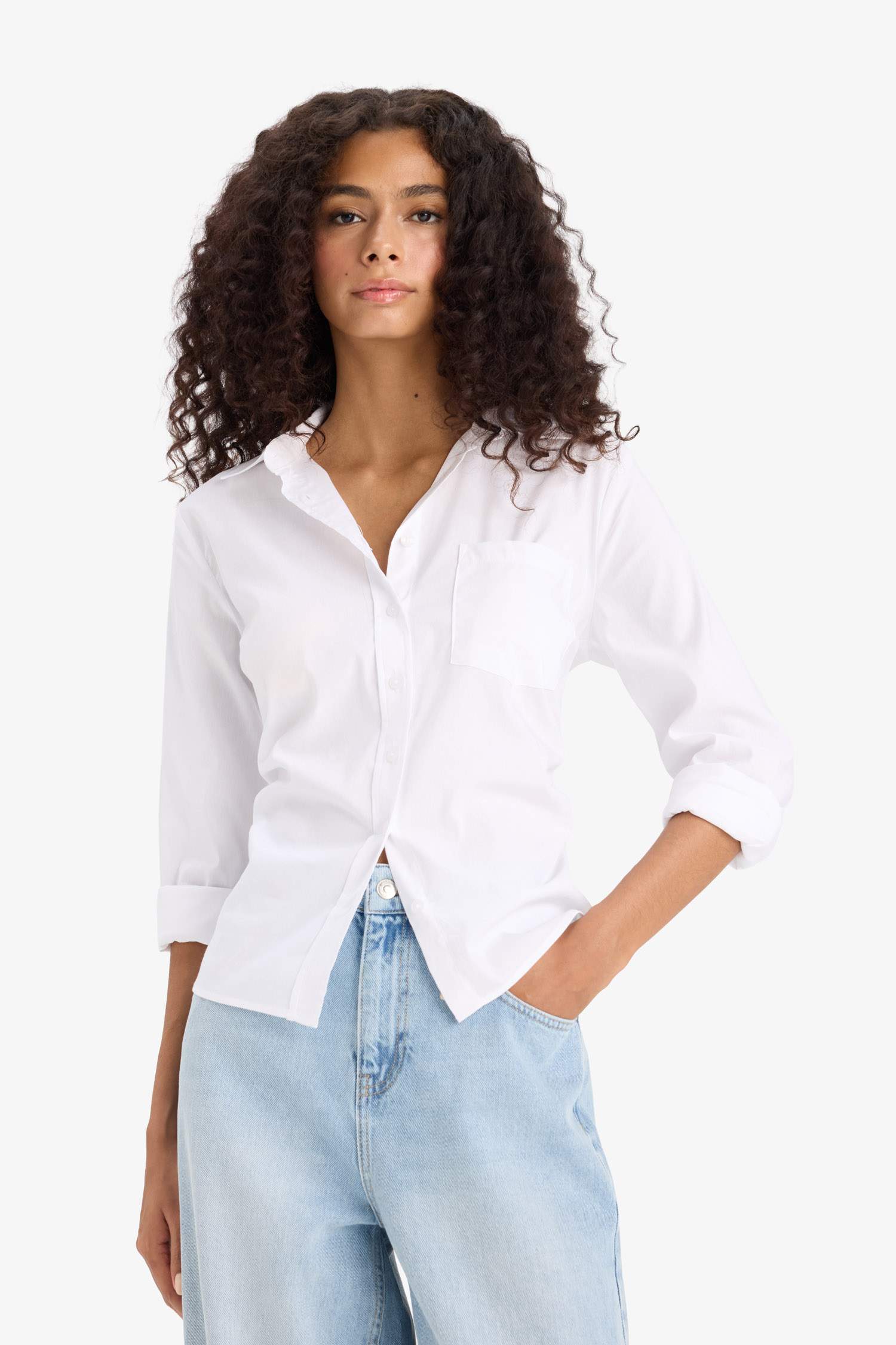 Slim Fit Dar Kesim Bengalin Uzun Kollu Beyaz Gömlek