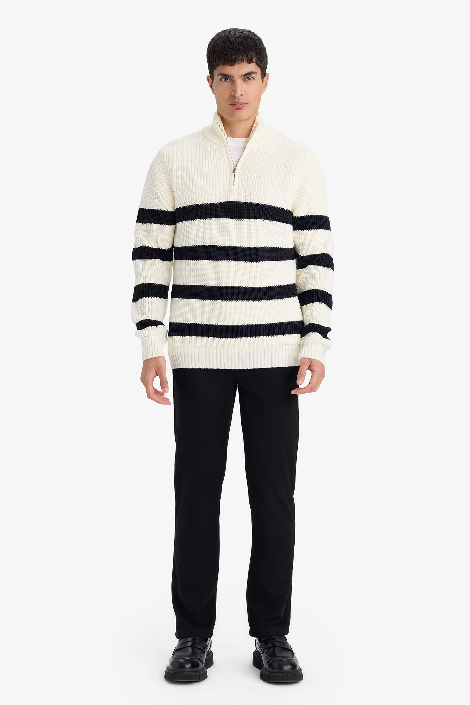 Standard Fit Half Zippered Striped Knit Pullover
