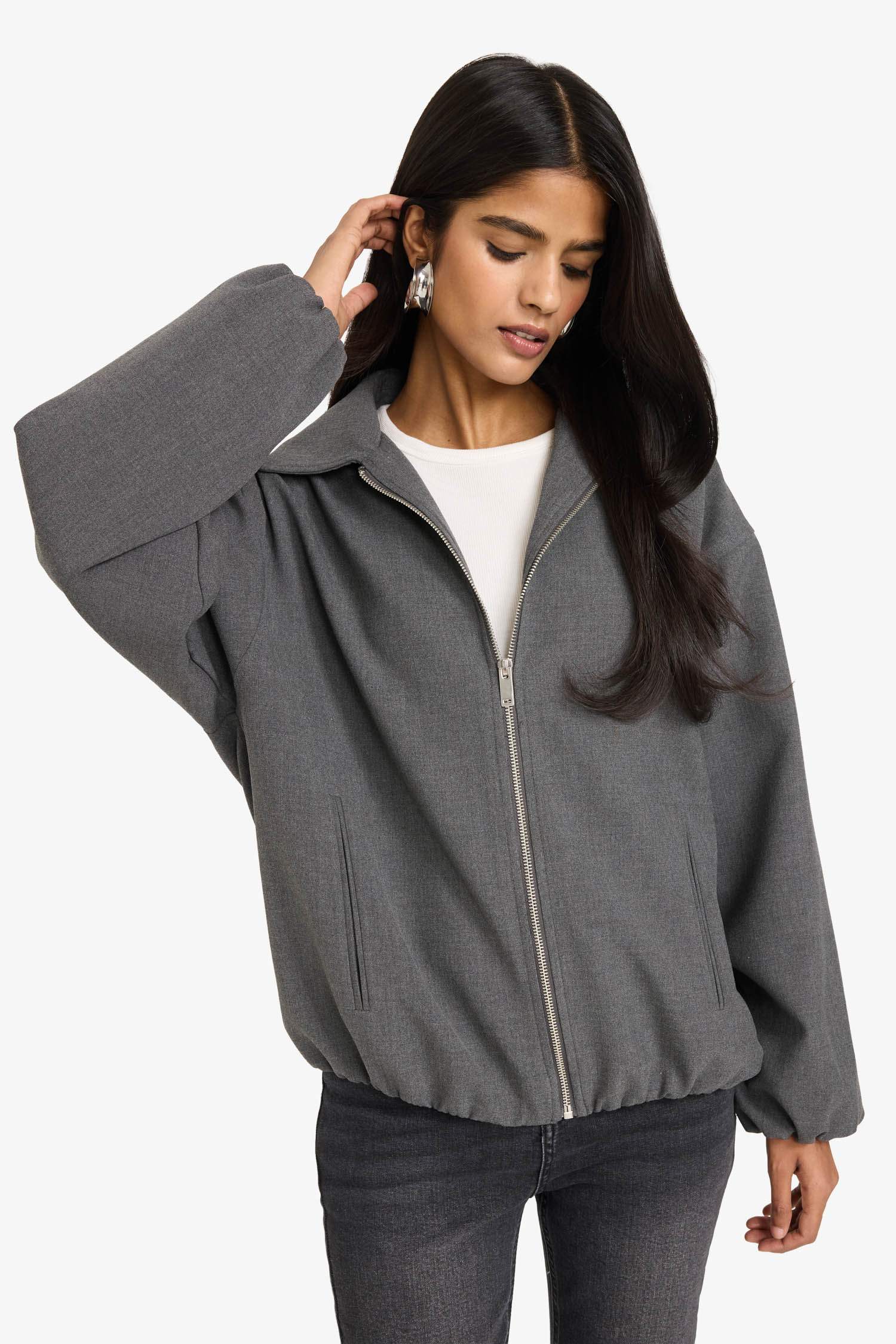 Fermuarlı Cepli Tafta Ceket