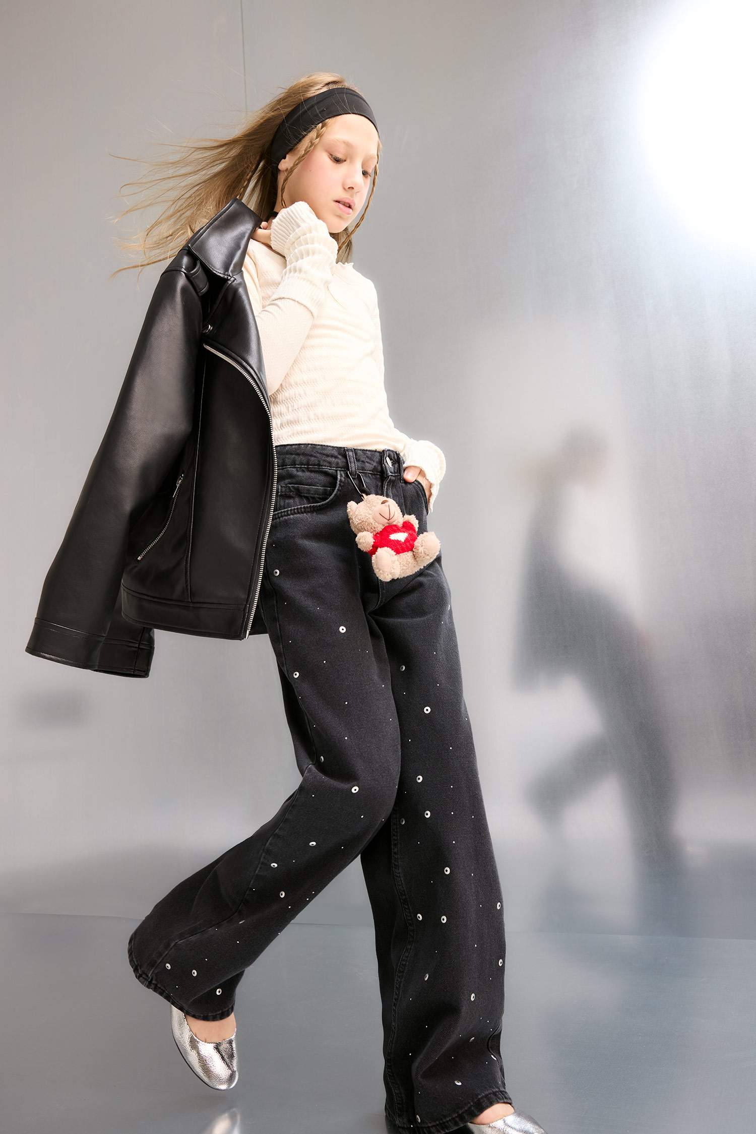 بنطرون جينز بناتي وايد ليج برجل واسع بجيب