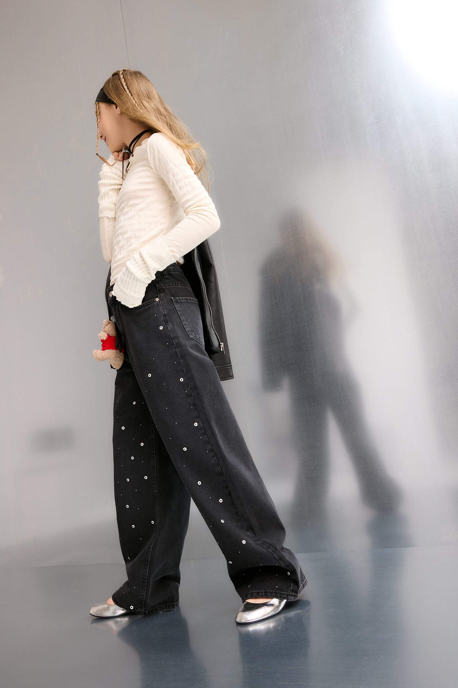 بنطرون جينز بناتي وايد ليج برجل واسع بجيب