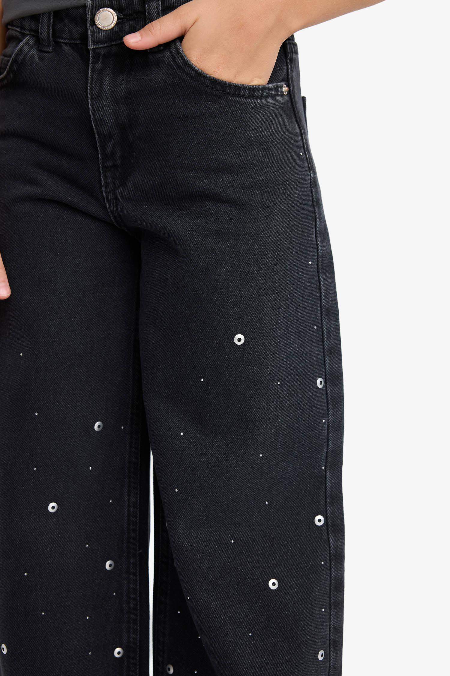 بنطرون جينز بناتي وايد ليج برجل واسع بجيب