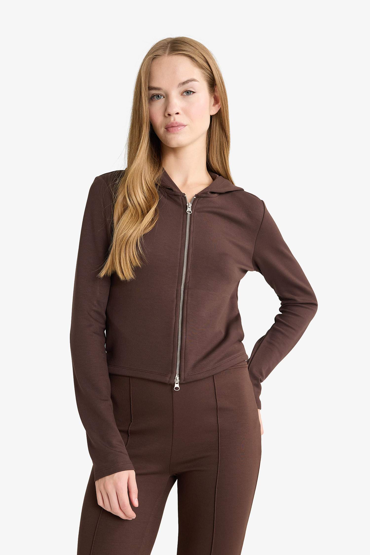 Slim Fit Dar Kesim Kapüşonlu Modal Fermuarlı Sweatshirt