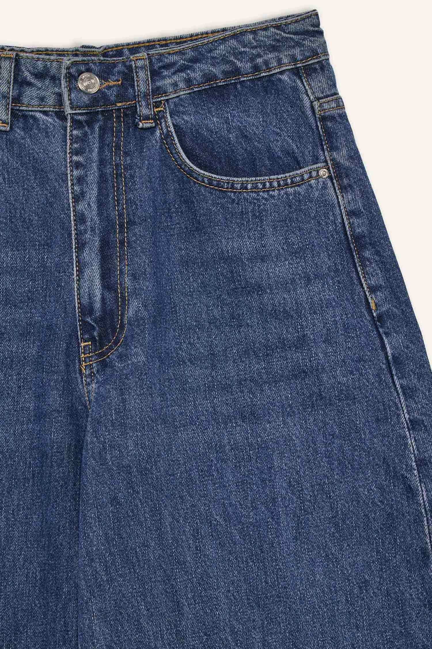 Barrel Fit Yüksek Bel Katlamalı Paça Jean Yıkamalı Pantolon