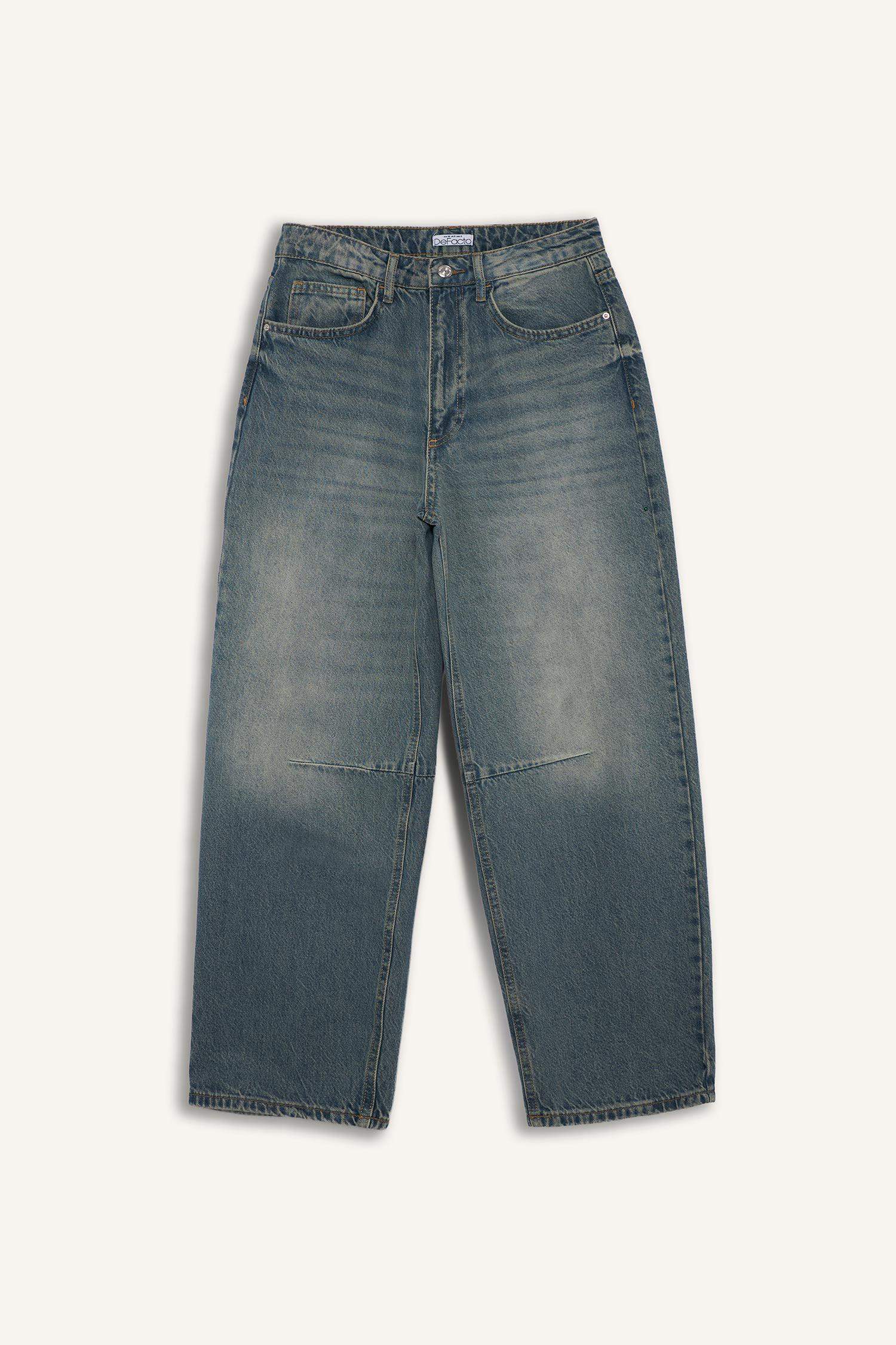 Barrel Fit Yüksek Bel Bilek Boy Jean Yıkamalı Pantolon