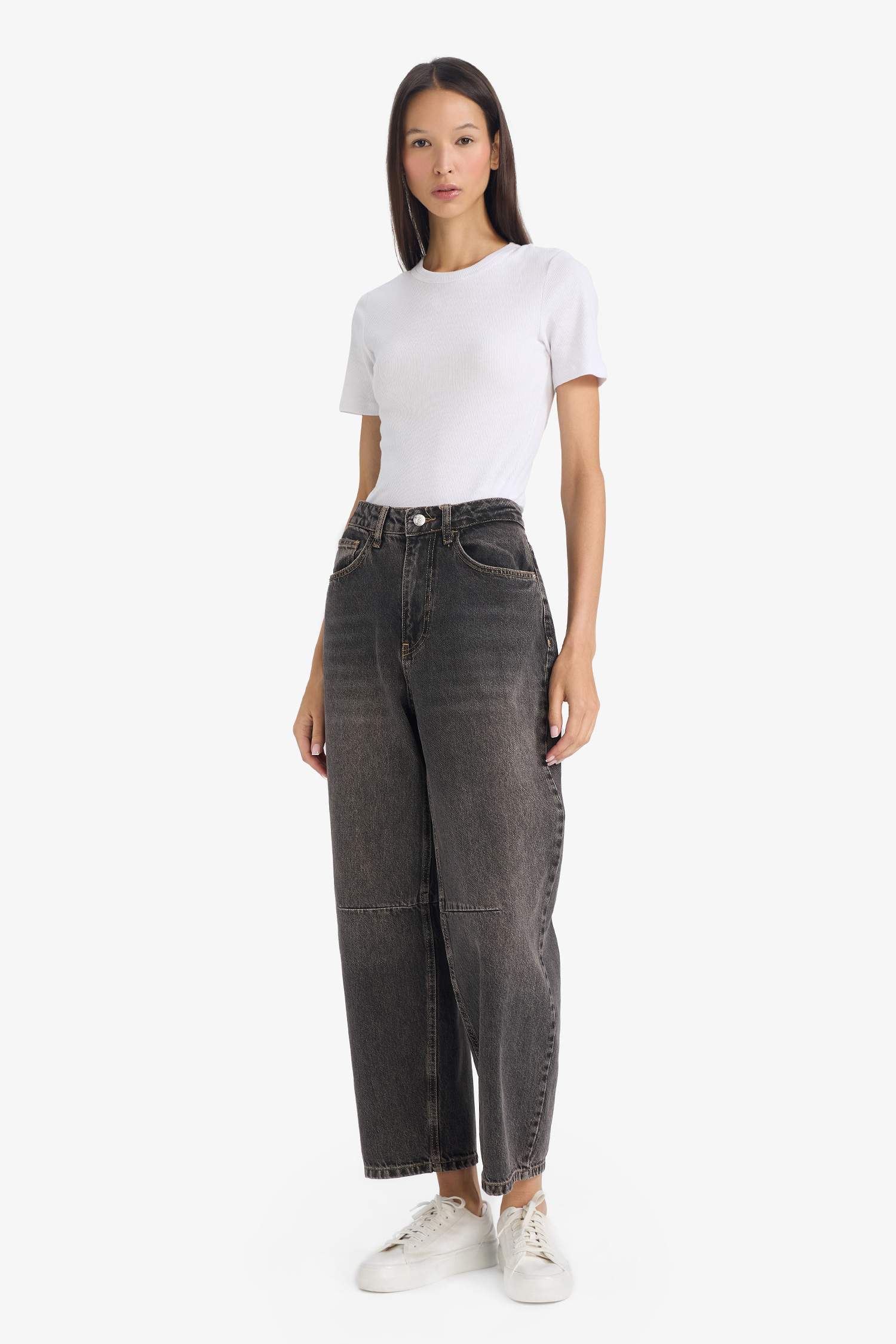 Barrel Fit Yüksek Bel Bilek Boy Jean Yıkamalı Pantolon