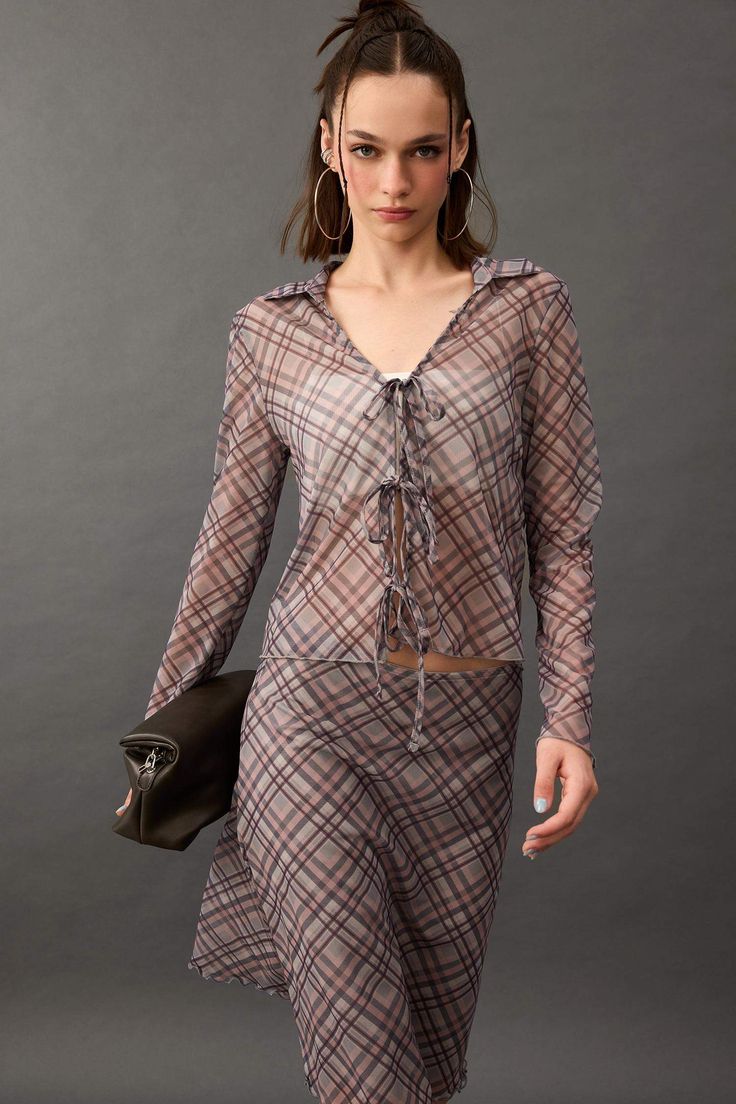 Slim Fit Shirt Collar Plaid Long Sleeve Blouse