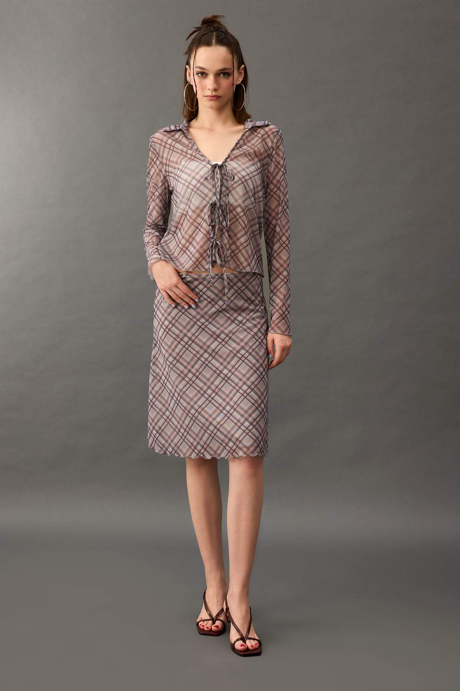 Slim Fit Shirt Collar Plaid Long Sleeve Blouse