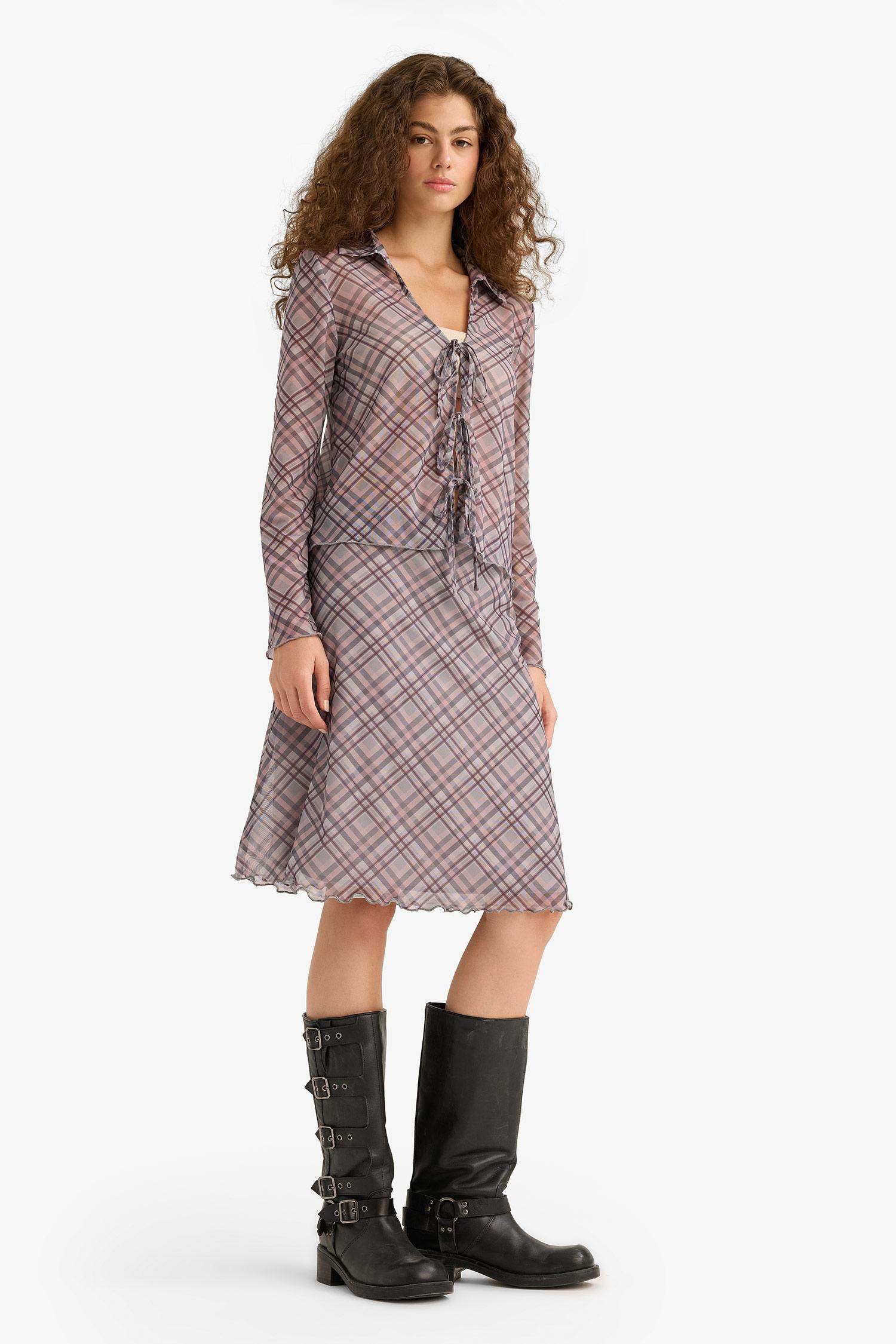 Slim Fit Shirt Collar Plaid Long Sleeve Blouse