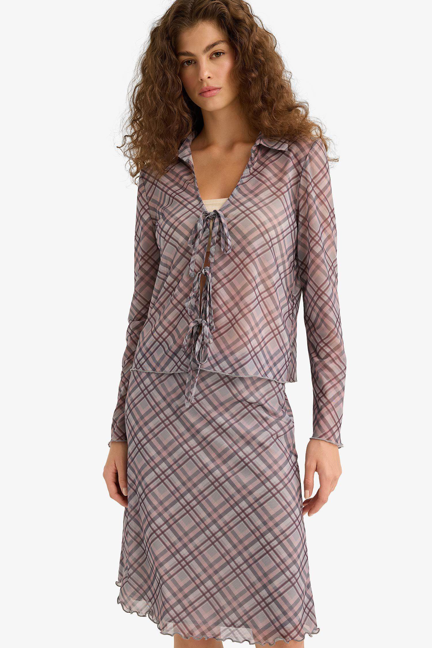 Slim Fit Shirt Collar Plaid Long Sleeve Blouse