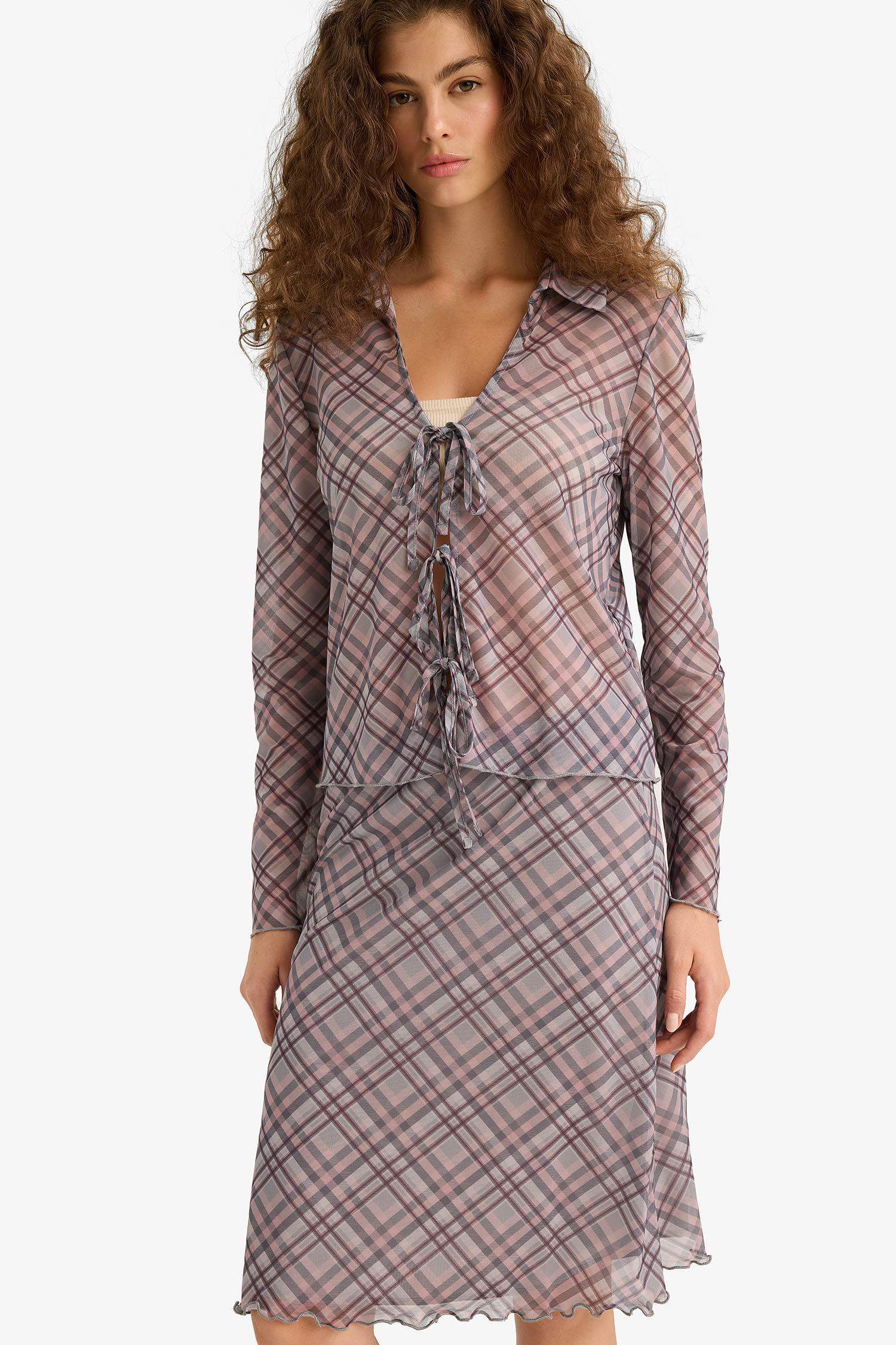 Slim Fit Shirt Collar Plaid Long Sleeve Blouse