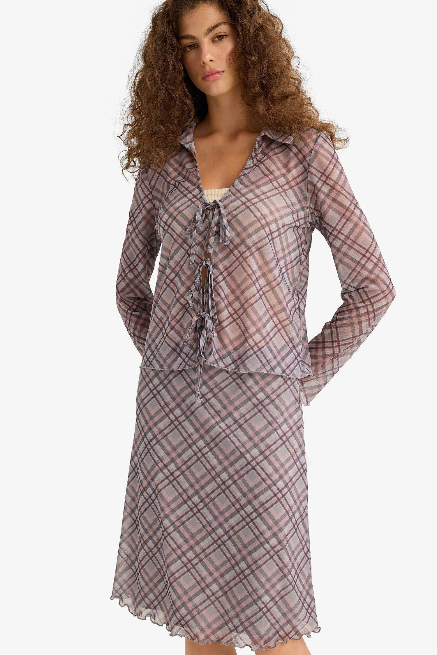 Slim Fit Shirt Collar Plaid Long Sleeve Blouse