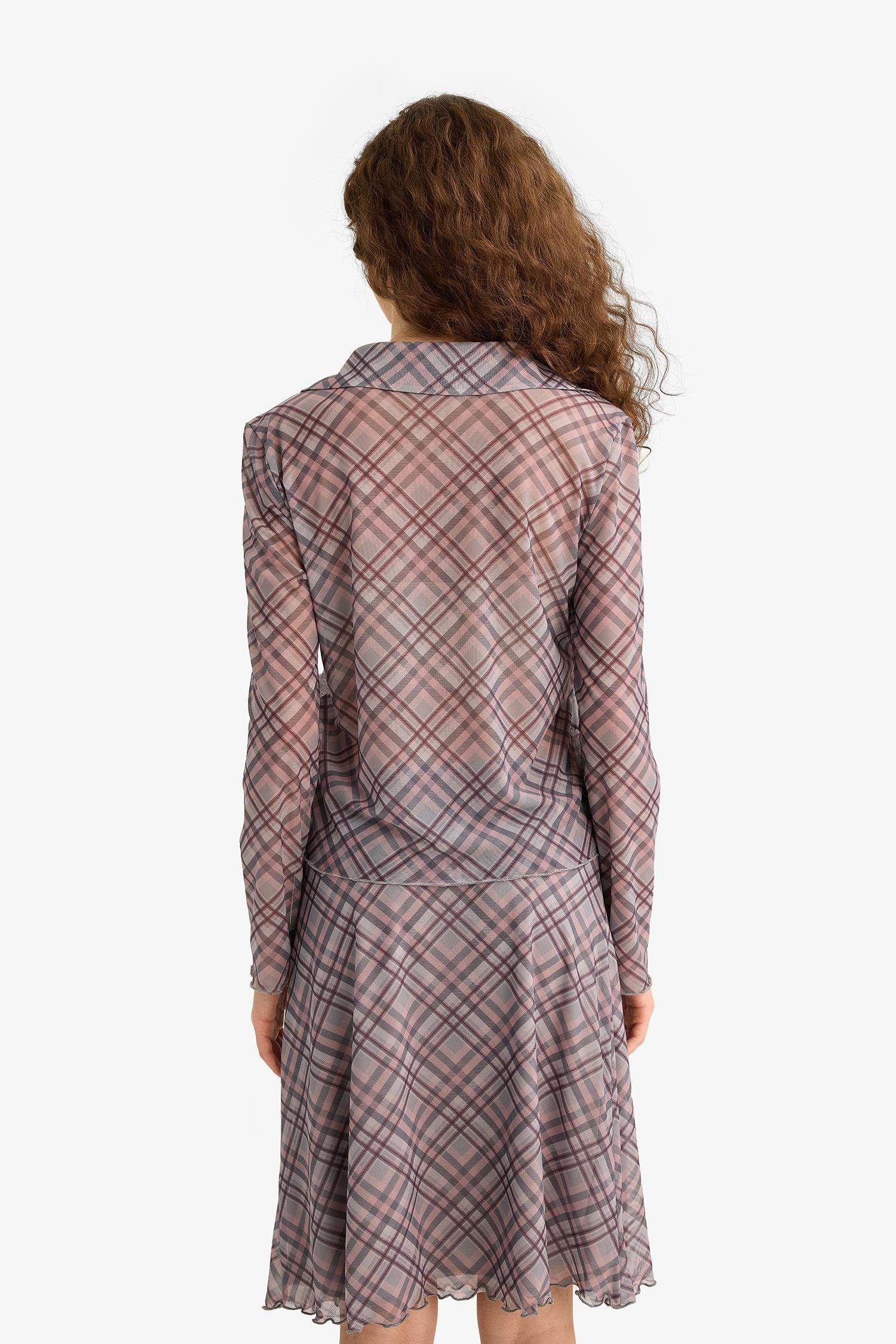 Slim Fit Shirt Collar Plaid Long Sleeve Blouse