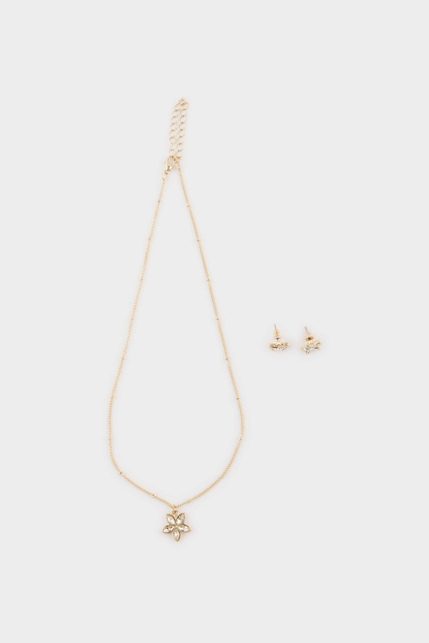 Kadın Çiçek Uçlu Gold 2'li Kolye Küpe Seti