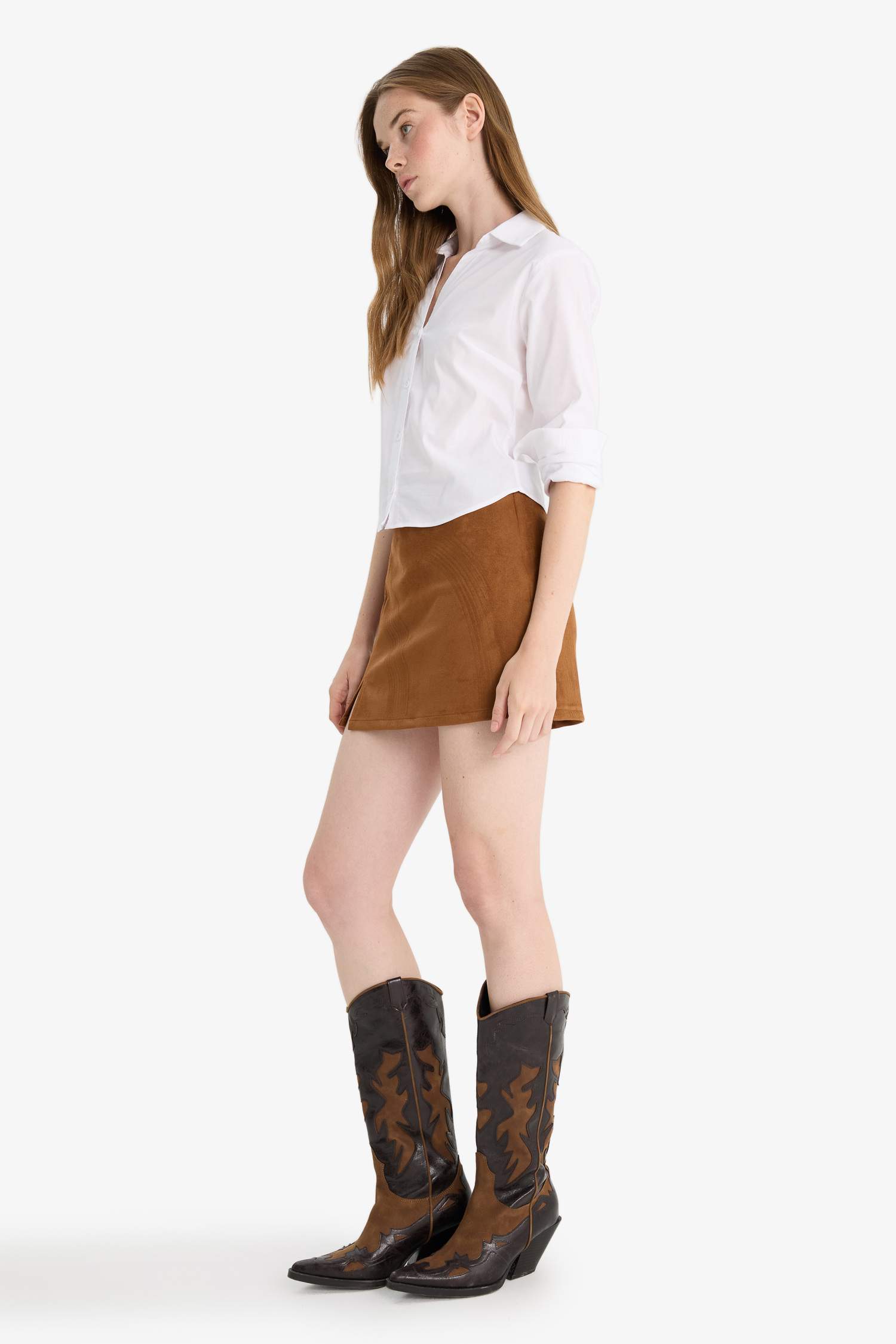 Yüksek Bel Süet Mini Etek